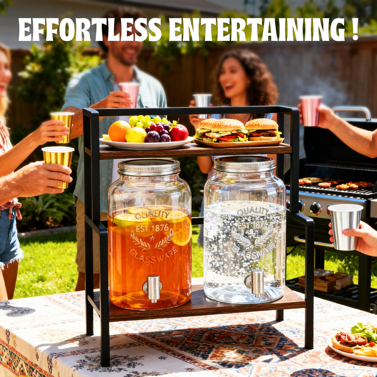 2PCS 1.5 Gallon Drink Dispenser - Glass Beverage Dispenser With Wood Stand and Leakproof Stainless Steel Spigot, Large Drink Dispenser for Parties, Lemonade, Iced Tea, Laundry Detergent Container