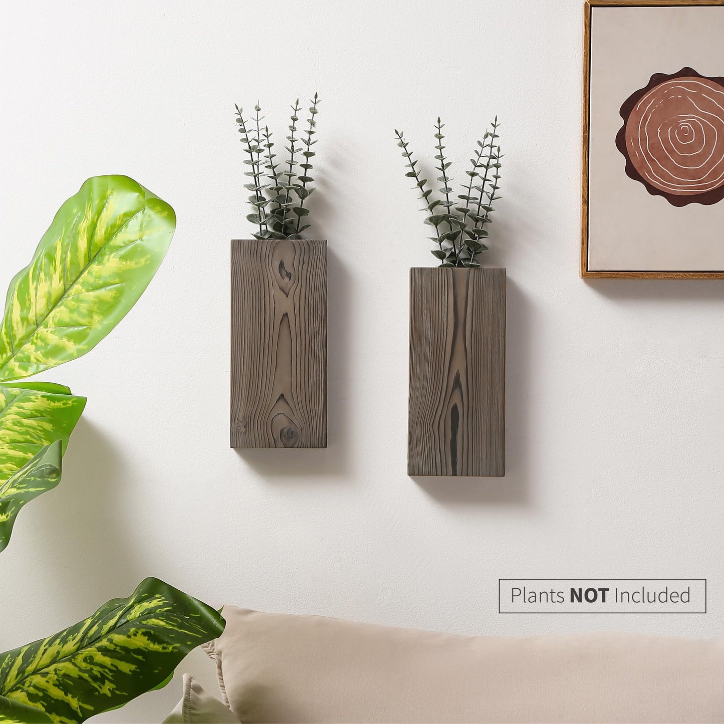 Wood Wall Planter Set of 2, Wood Wall Pocket for Greenery and Dried Flowers, Indoor Wood Hanging Vase, Modern Farmhouse Wall Decor for Living Room Bedroom Office Eucalyptus Stems Decorations (Grey)