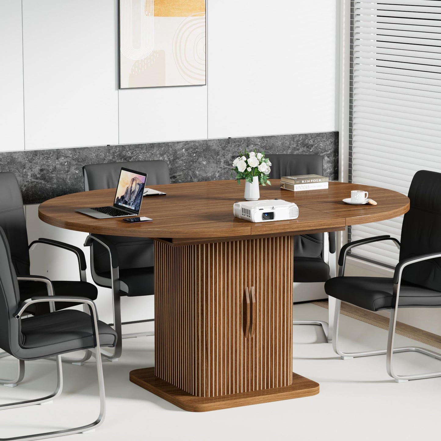 Extendable Round Conference Table for 4-8 People, 43in-59in Modern Oval Meeting Room Table with Storage, Fluted Wood Slide Doors, Small Compact, Office, Training, Conference Room, Walnut