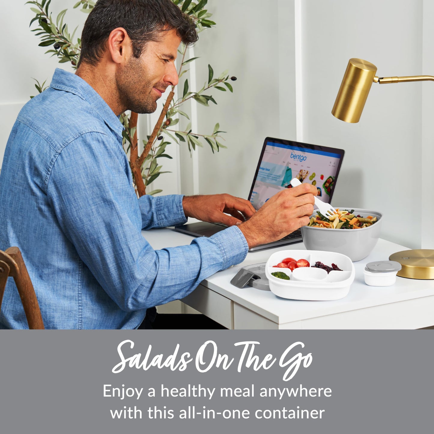 Bentgo Salad Container - 54 oz Bowl with 4-Compartment Toppings Tray, Leak-Proof Dressing Container, Reusable Fork, BPA-Free Lunch Box for Meal Prep & Food Storage; Removable Bento Tray (Gray)