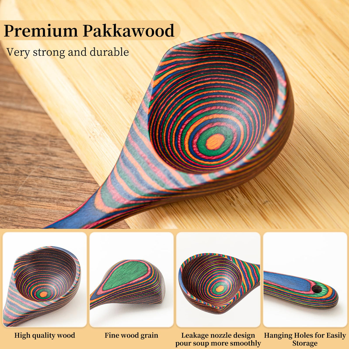 Gudamaye Pakkawood Rainbow Deep Soup Ladle with Spout, 9.6 inch Big Soup Ladle for Cooking