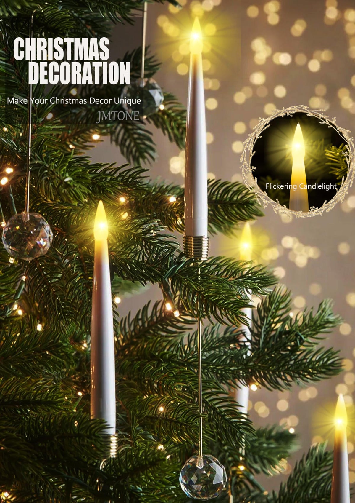 Christmas Tree Candles, 12 Pack Flameless Taper Candles for Christmas Tree Decor, Battery Operated with Remote Flickering LED Candles with Clear Crystal Ball Gold Hook for Xmas Gift Wedding Home Decor