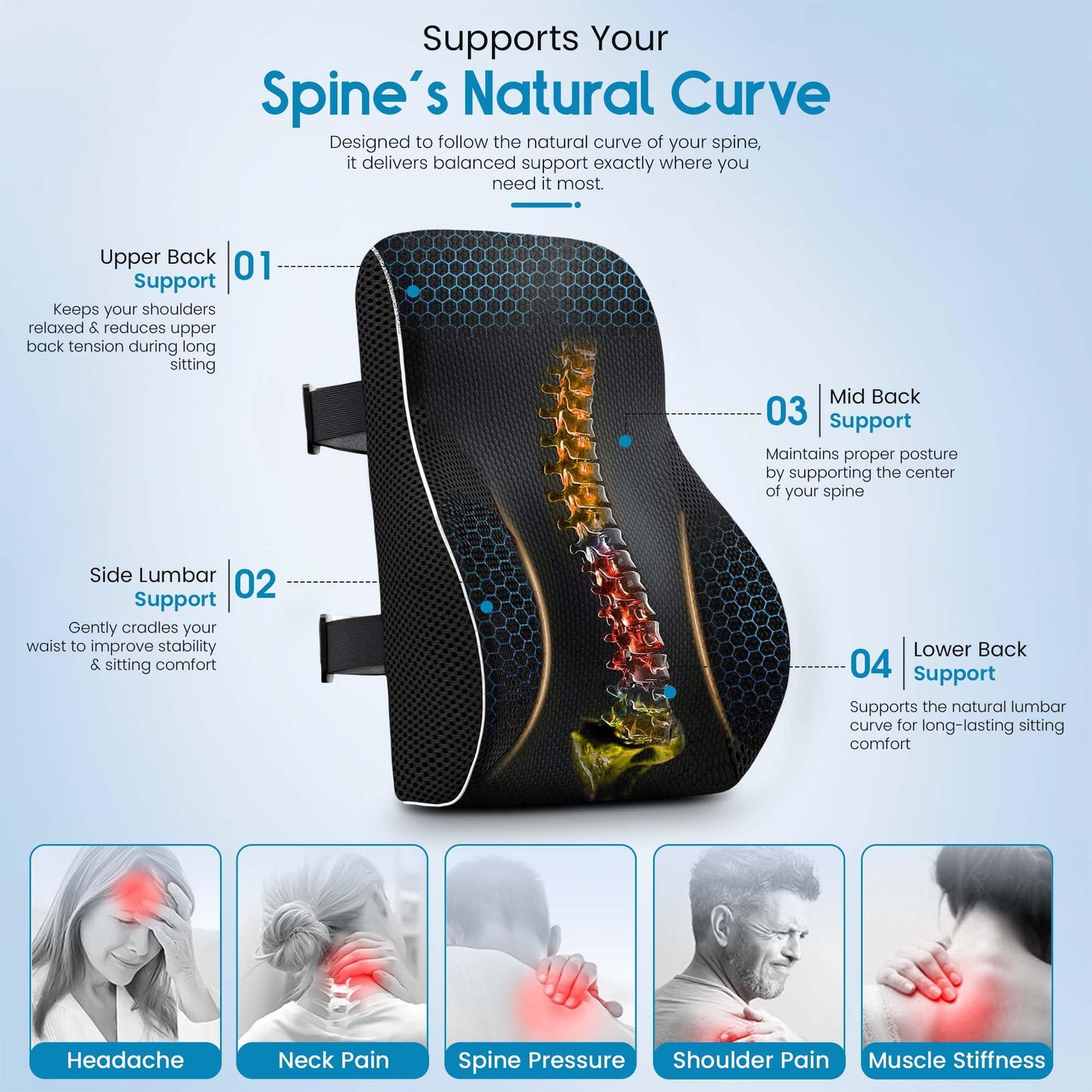 RUKHS SUPPLY Lumbar Support Pillow for Office Chair and Car, Premium Memory Foam Back Cushion for Back Pain Relief Improve Posture Ergonomic Cushion with Breathable Mesh Cover and Adjustable Straps