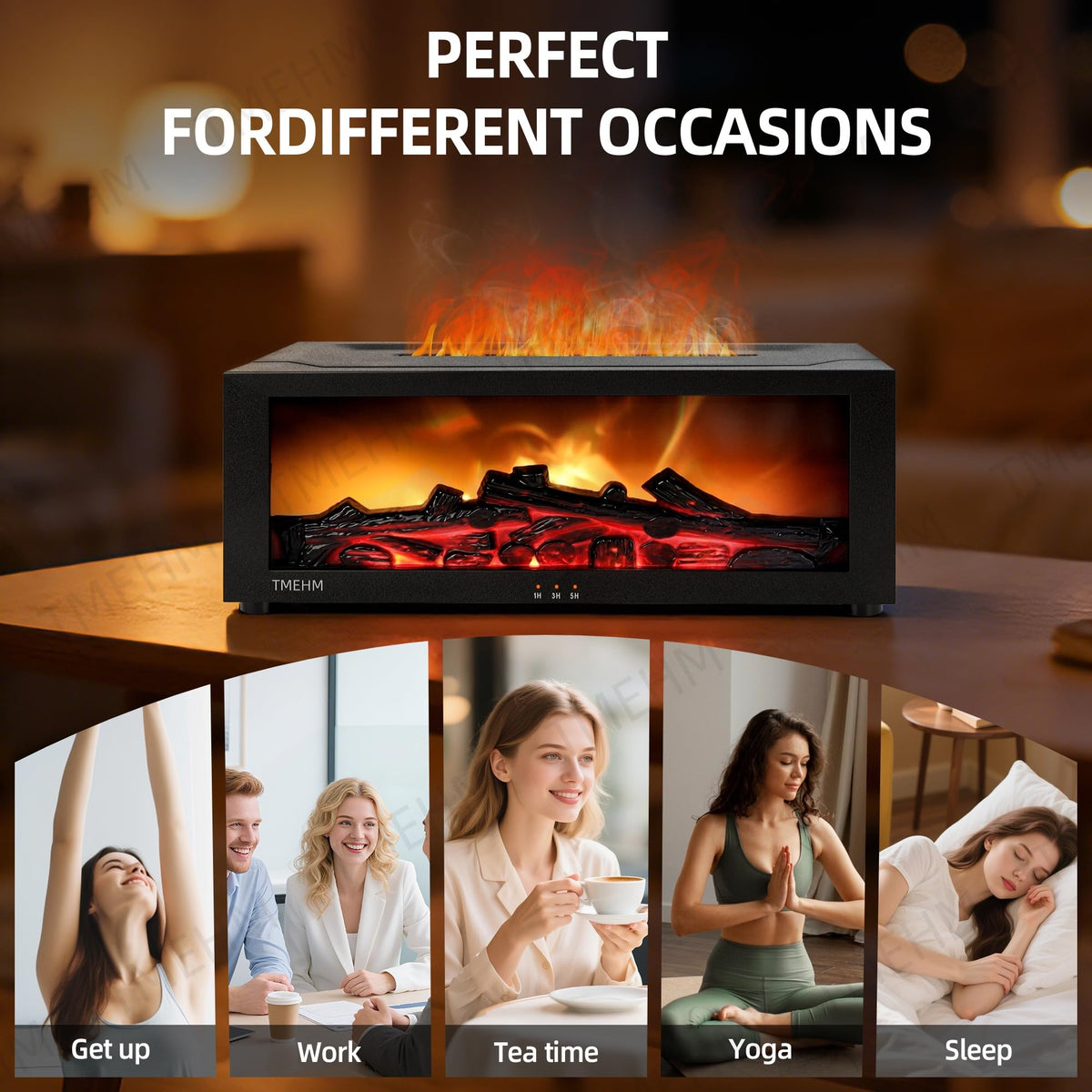 TMEHM Fireplace Flame Air Diffuser Humidifier,7 Colors Aromatherapy Essential Oil Diffuser,Ultrasonic Aroma Humidifier with Timer for Home,Bedroom,Office,Yoga (Black, L)