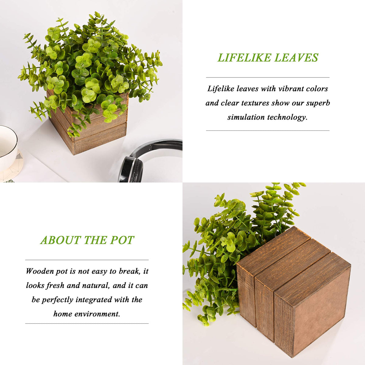 Vlorart Small Fake Plants, 2Pack Mini Potted Artificial Plastic Boxwood Fern Green Decorative Plant in Wooden Potted, Fake Desk Plant for Farmhouse Home Decor Office Bathroom Desk Room Indoor Outdoor