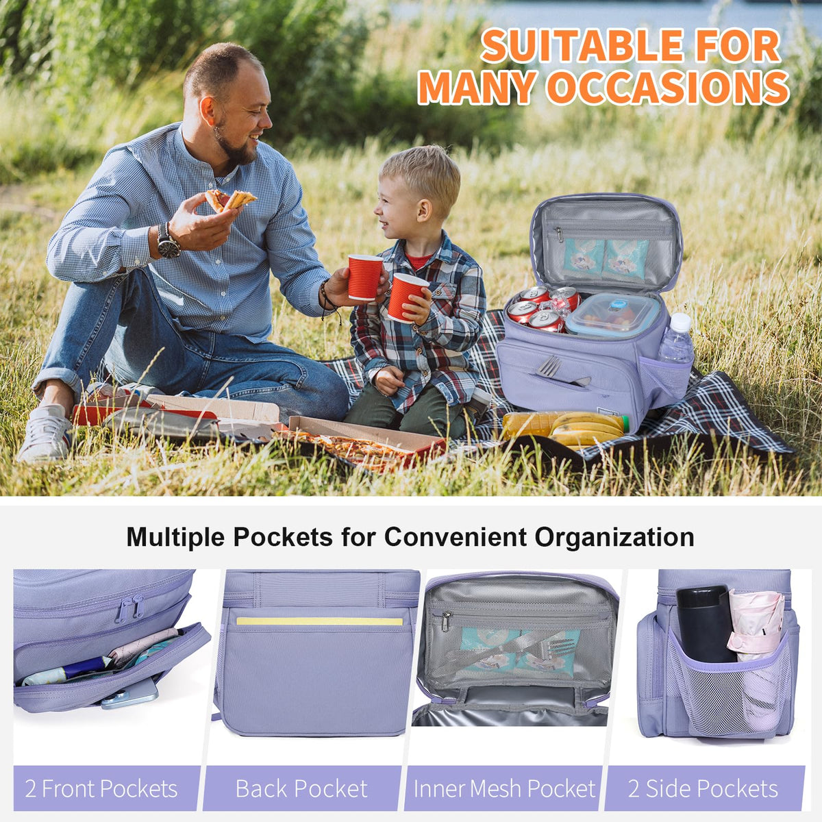 NOL Natural Organic Lifestyle Fully-Insulated Lunch Bags for Women & Men, Lightweight Nylon Cooler Bag for Adult Meal with Adjustable Shoulder Strap Waterproof Lunch Box For Work (Light purple)