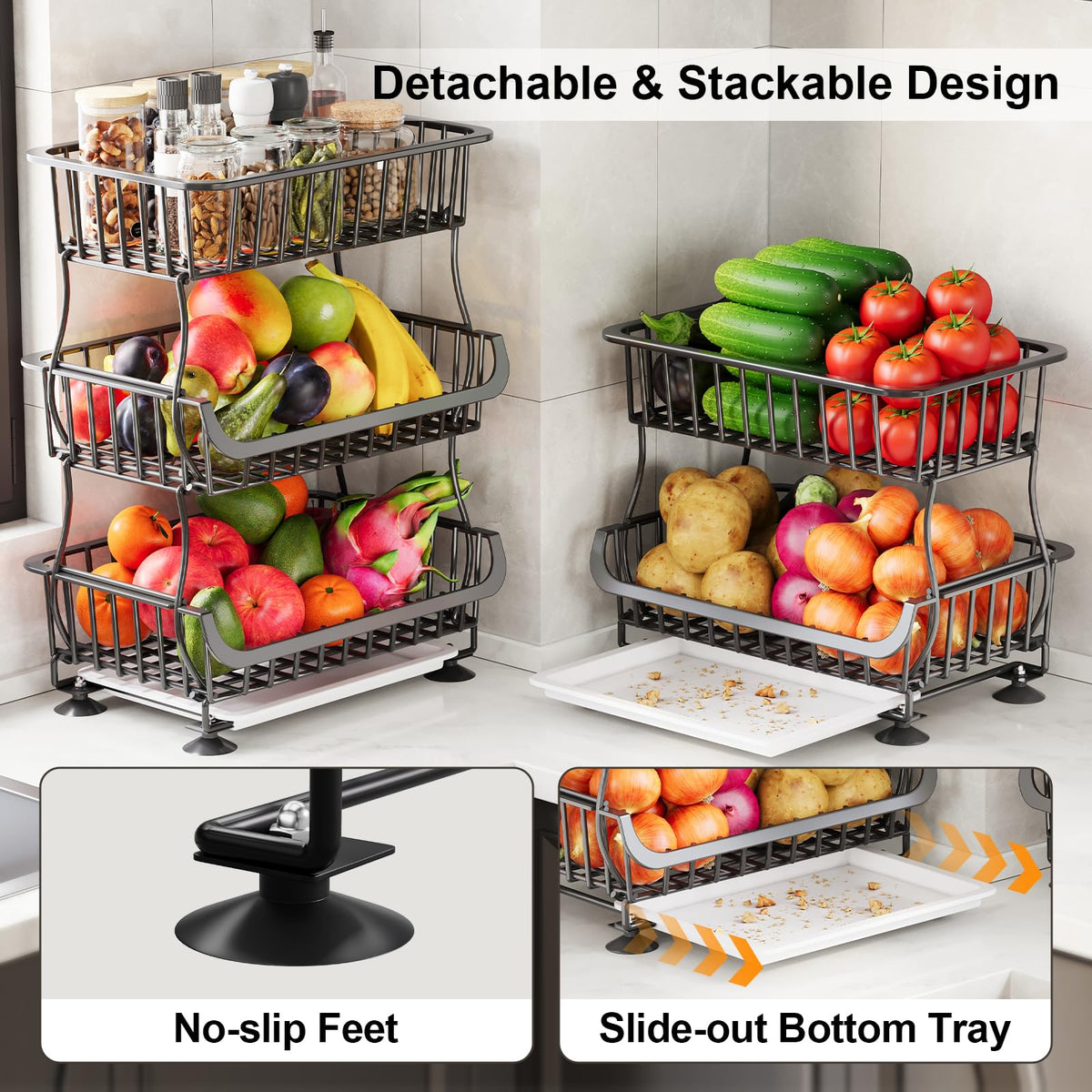 3 Tier Rolling Pantry Floor Organizers and Storage Cart with Wheels, Stackable Wire Fruit Basket Stand for Kitchen Organization, Three Tiered Pantry Storage Rack for Snack, Vegetable, Produce, Fruits