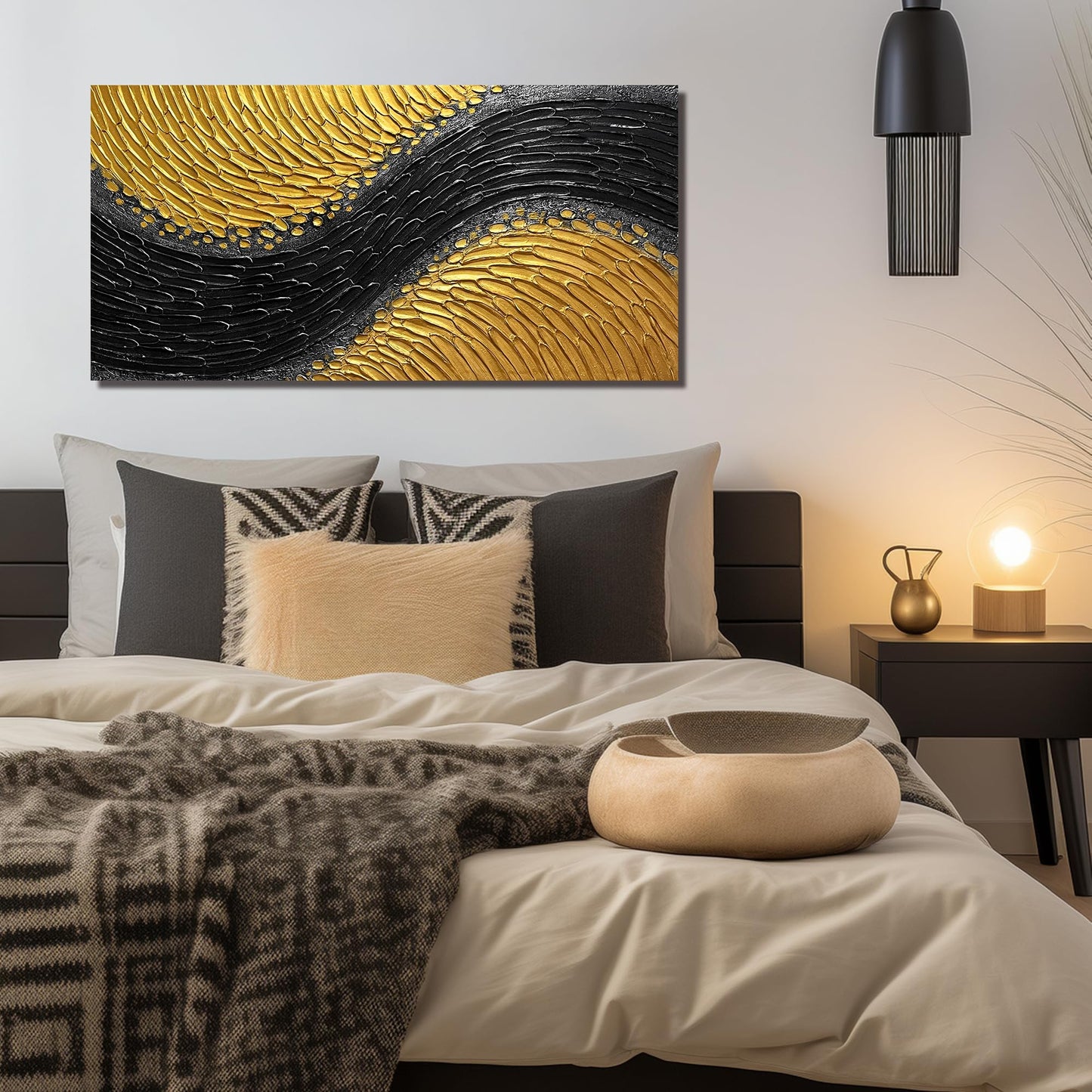 CPKATMT Abstract Painting Wall Art for Living Room Black and Gold Wall Art for Office 3D Textured Canvas Wall Decor for Bedroom Size 20 x 40 Inch