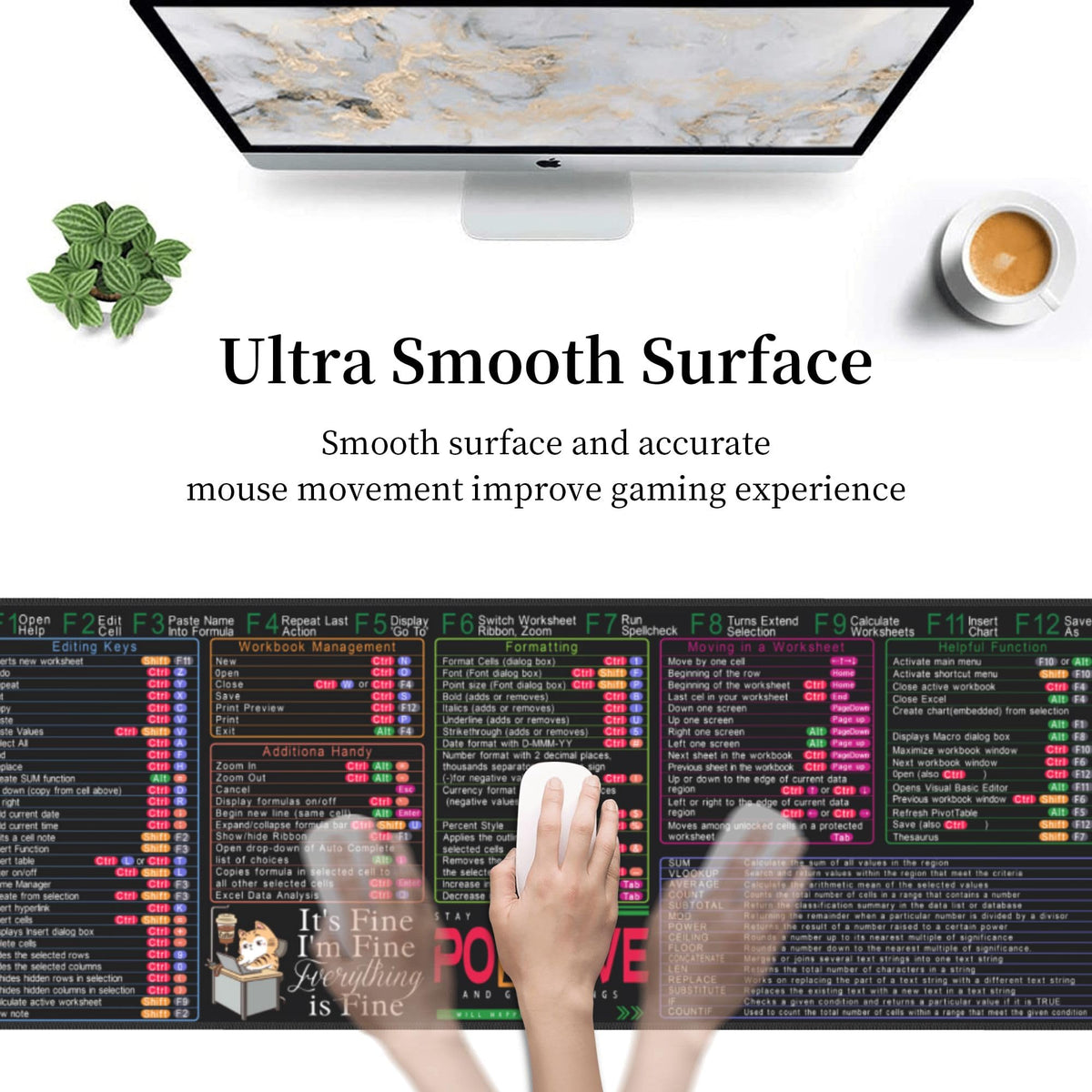 Aoojanu Excel Shortcut Keys Mouse Pad - 31.5 X 11.8 Inch XL Cheat Sheet Gaming Mousepad | PC Office Spreadsheet Keyboard Mat | Non-Slip Stitched Edge