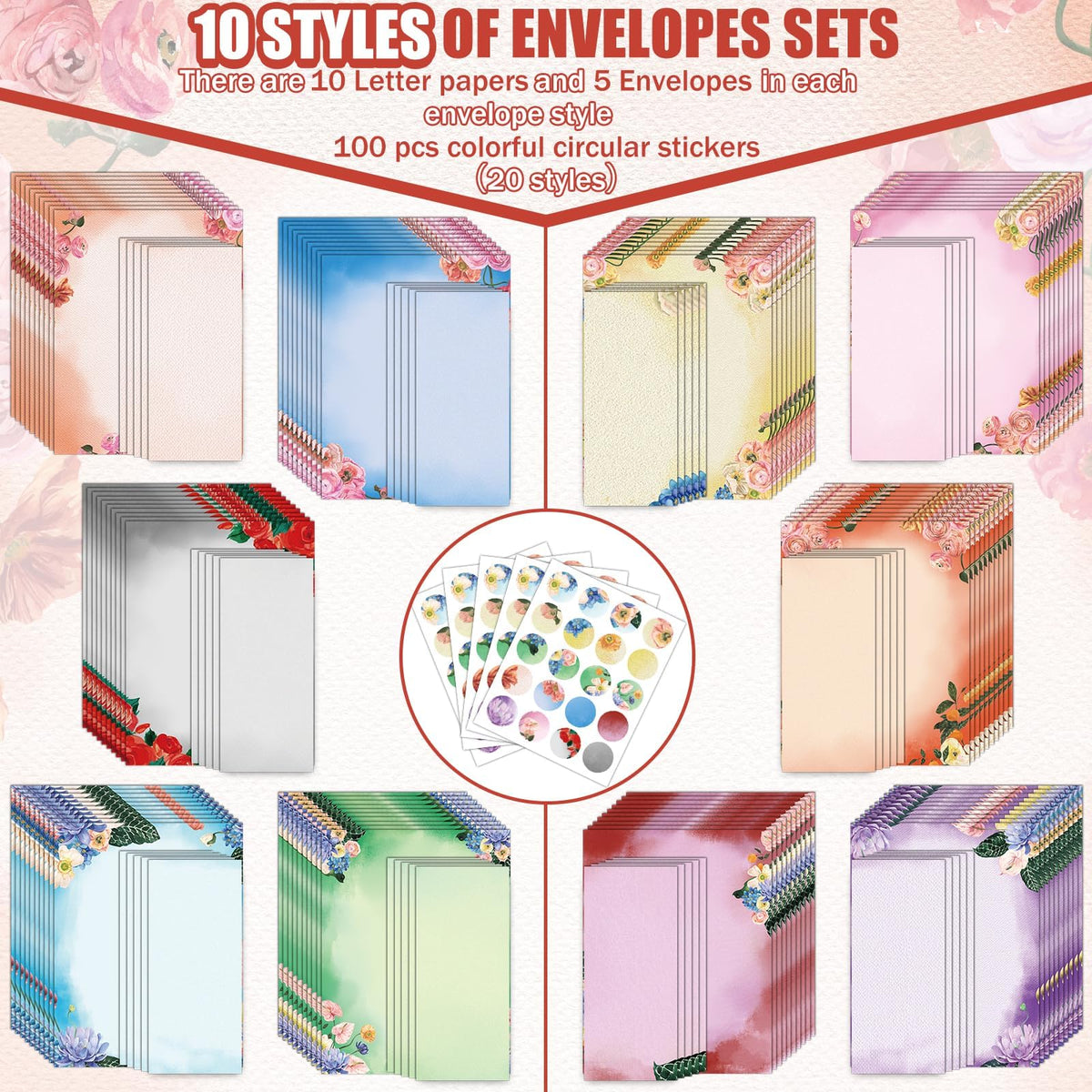 EggSun 250Pcs Watercolor Stationery Paper and Envelope Set with 100 Letterhead Papers and 50 Envelopes, 10 Design for Letter Writing,Invitations Computer Holidays Party Notes, 8.5x11 Inch-Floral