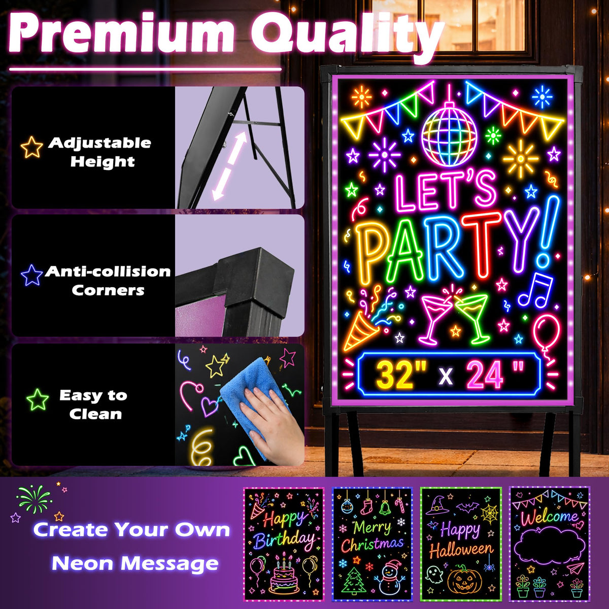 Standing A-Frame LED Message Writing Board 32" x 24", Neon Menu Sign with Adjustable Height, Outdoor Menu Display Board with 8 Colors Markers and Remote Control, DIY Message Light Board