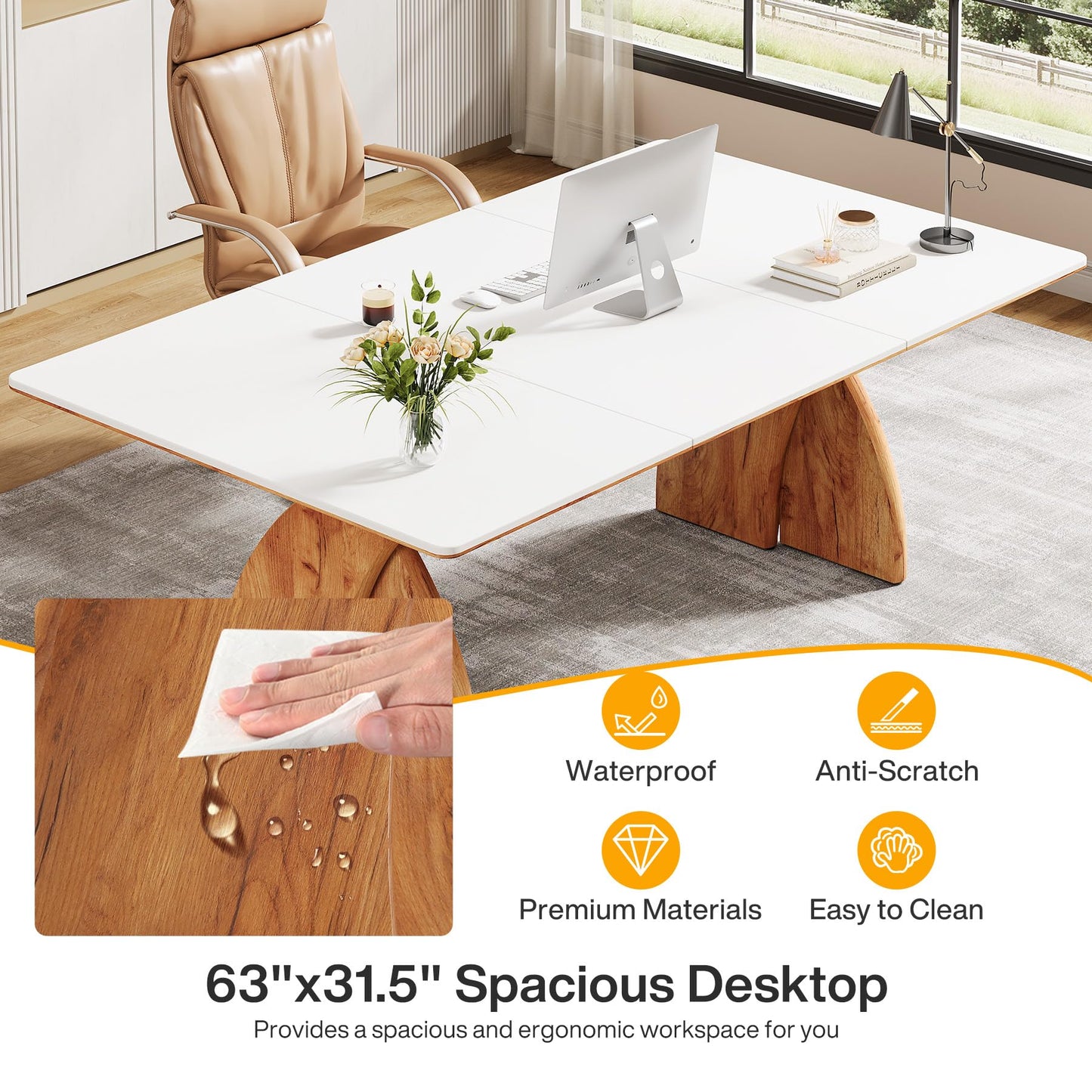 Tribesigns 63-Inch Executive Desk, Large Office Computer Desk with Heavy Duty Legs, Simple Laptop Desk Study Writing Table Business Furniture for Home Office (White and Brown)