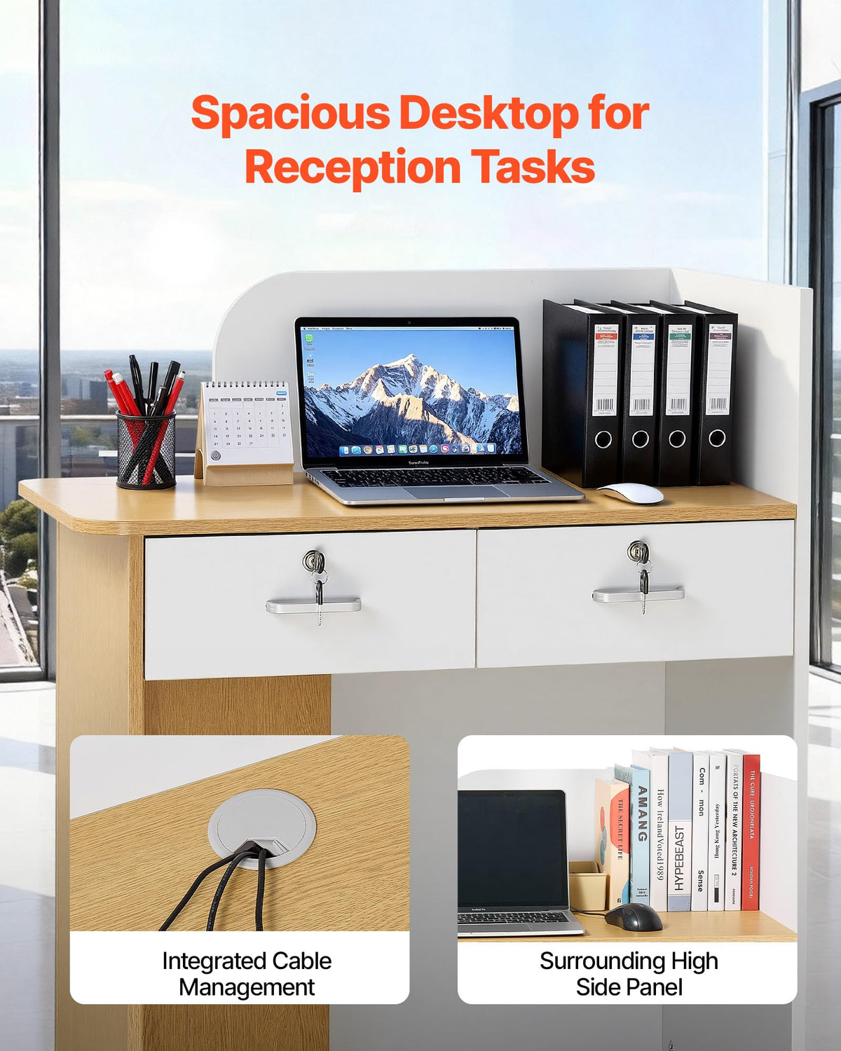 VEVOR Reception Desk, 31.5 inch Rectangular Front Counter Table, Modern Office Reception Desk with LED Light, 2 Drawers & Power Outlets, Retail Counter Table for Checkout, Lobby, Beauty Salon, Office