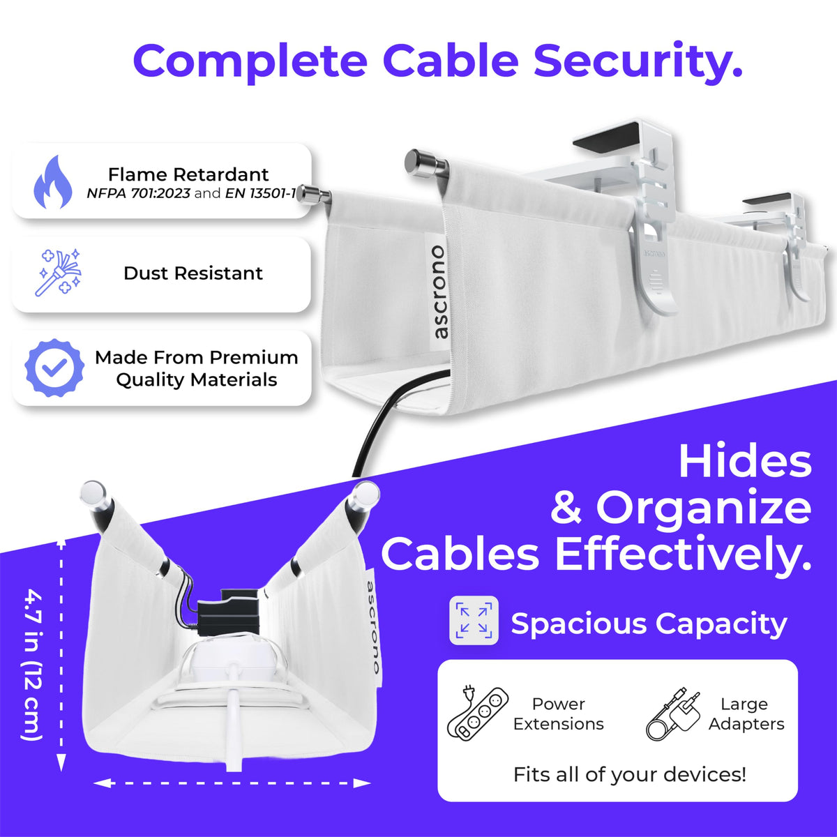 Ascrono Original No Drill Under Desk Cable Management Tray 53.9" - Premium White Fabric Cable Management Under Desk - Clamp/Screw Mount Cord Organizer - Supports Upto 66lbs - Extra Large