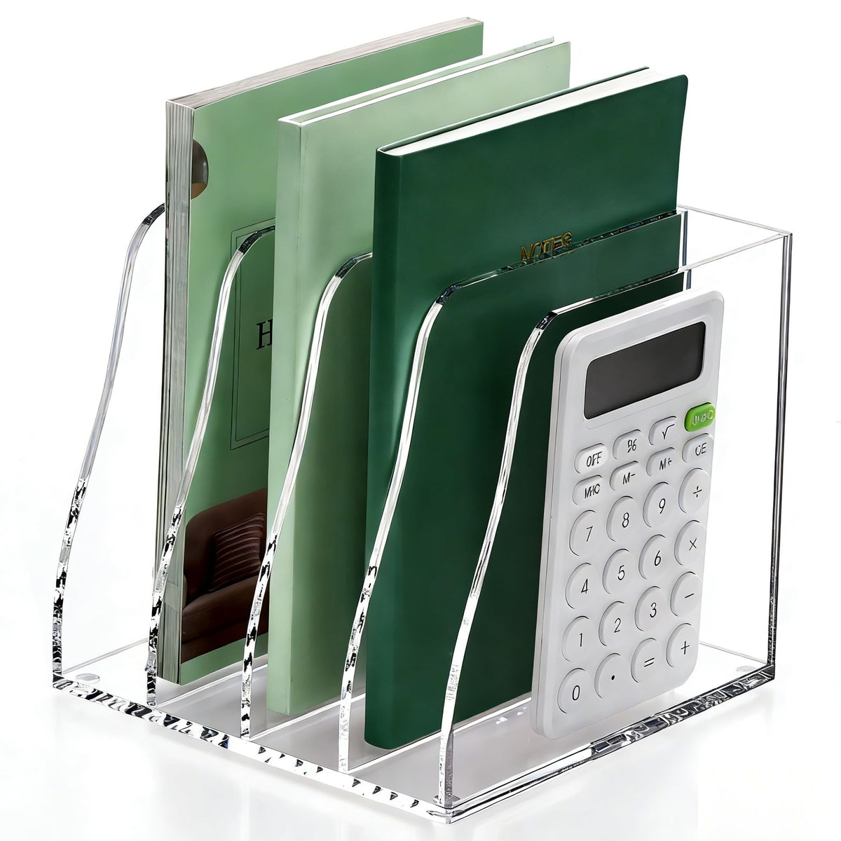 YUXUN Clear Acrylic File Folder Holder - 4 Vertical Compartments Desk Document Sorter, Upright Magazine Rack for Office/Home/Classroom, Stores Documents, Tablets, Magazines, Books & Accessories