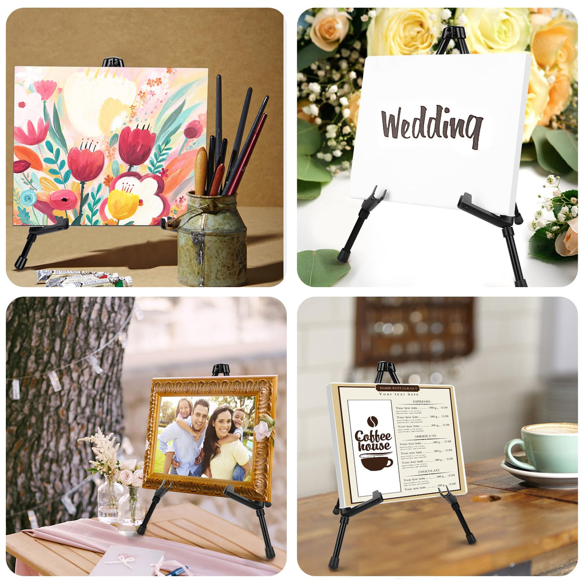 AROIC 12 Pack 14'' Tabletop Easels, Black Steel Table Top Easels for Display, Adjustable Portable Table Top Easel for Paintings, Signs, Posters,Frame Pictures(with 12 Bags)
