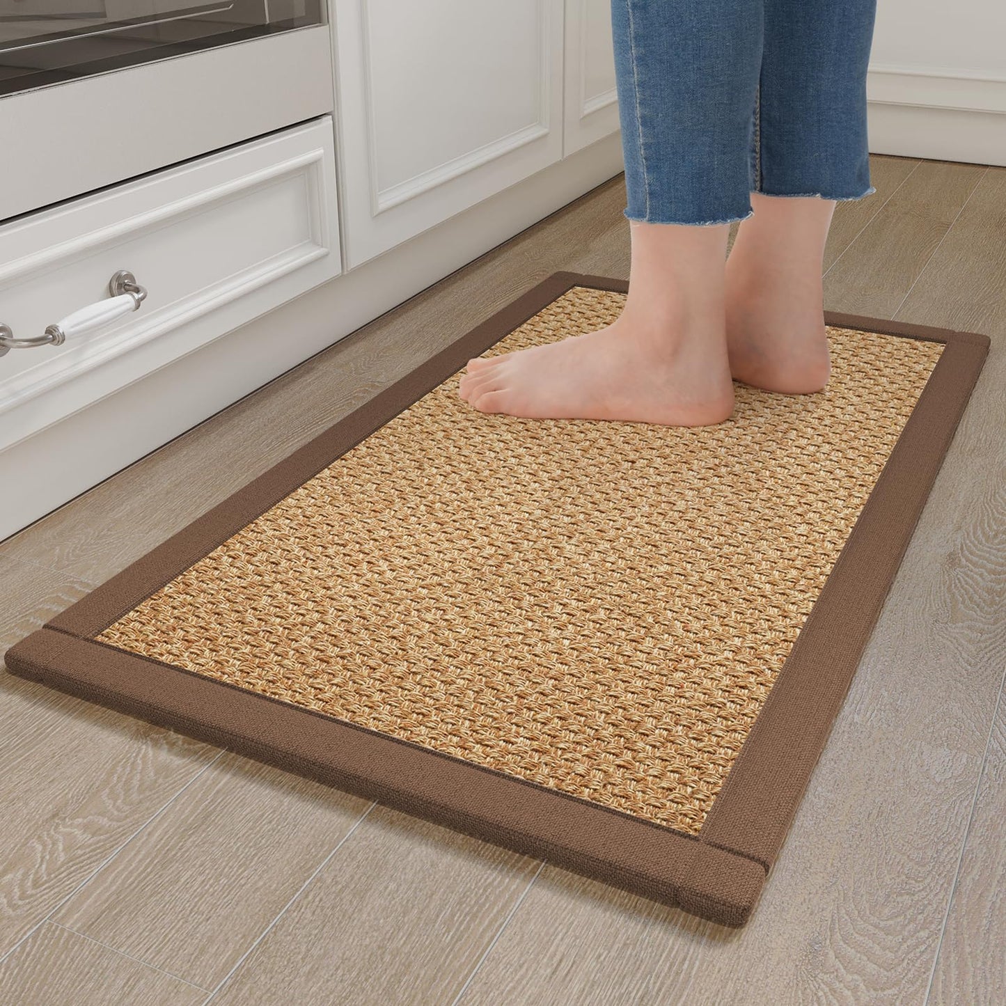 YDKGL Anti Fatigue Kitchen Rugs Mat Non Slip Washable, 0.4" Thick Soft Cushioned Absorbent Kitchen Mats for Floor, Jute-Like Woven Laundry Standing Mats Sink Mat, Easy Clean Care, Brown 17"x30"