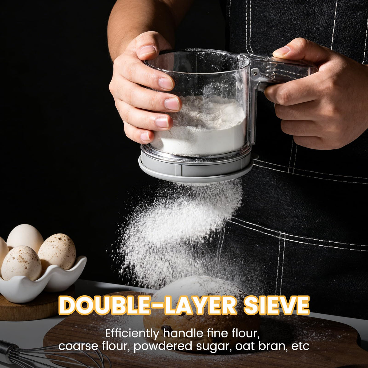 3 Cup Flour Sifter, Sifter for Baking Sifter Handheld Baking Sieve Food-Grade Double-Filter Stainless Steel Flour Sifter Non-Rust Sifter used for Rapid Screening of Flour Apricot Flour Sugar Powder