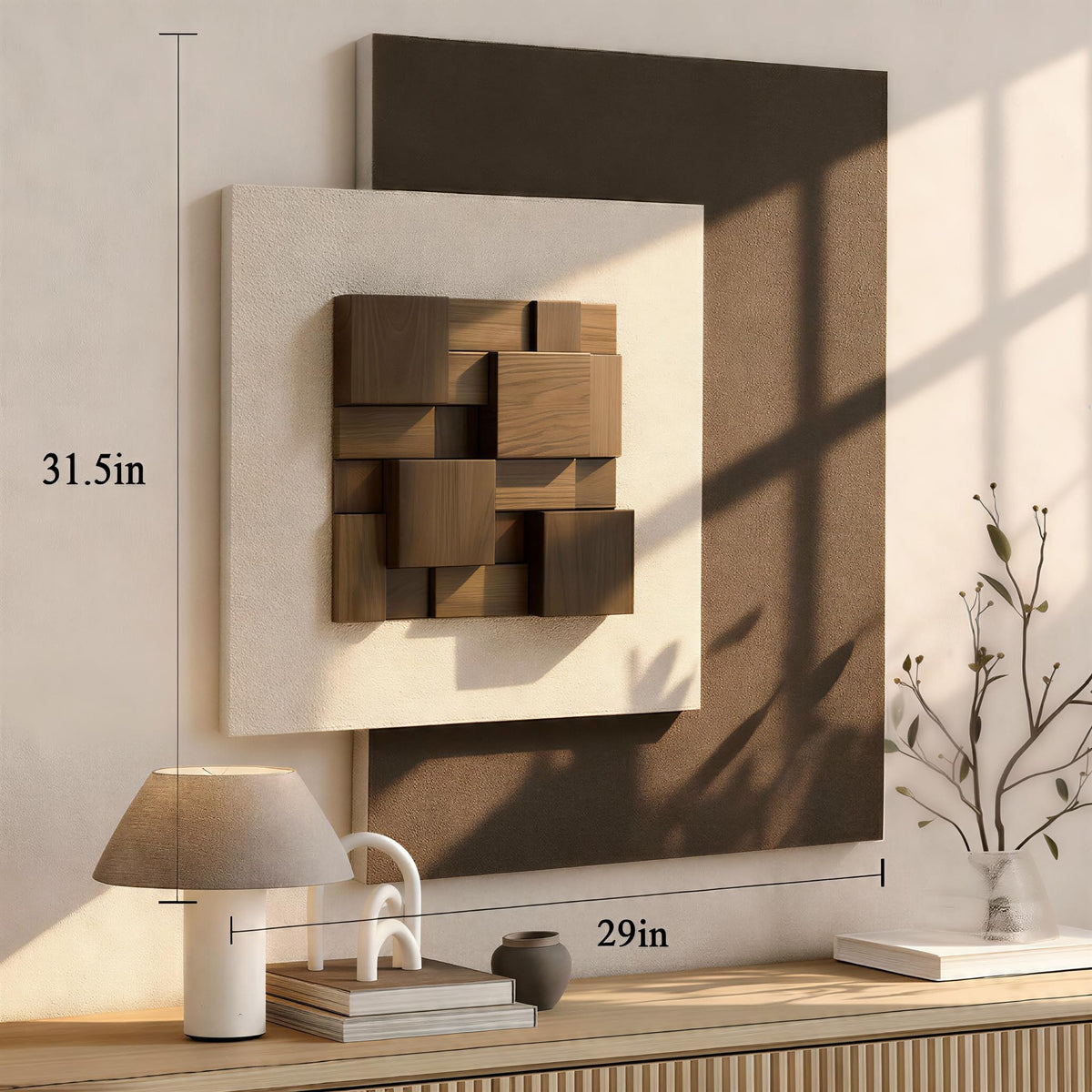 Vaskuro Extra Large 3D Wood Textured Neutral Art, Modern Minimalist Abstract Artwork for Living Dining Room, Handmade,Sandstone Layered, Organic home Office Brown Beige Cozy Wall Decor, 29x31.5in