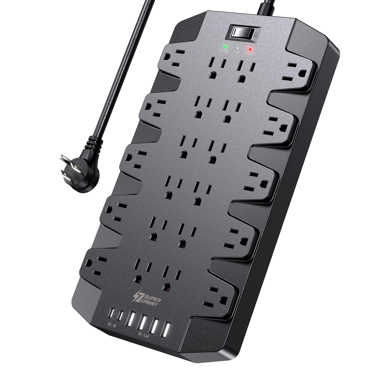 Power Strip, SUPERDANNY Surge Protector with 22 AC Outlets, 2 USB-C and 4 USB Ports, 1875W/15A, 2100J, 6.5Ft Extension Cord Surge Protector Power Strip with Wall Mount Holes for Home, Office, Dorm