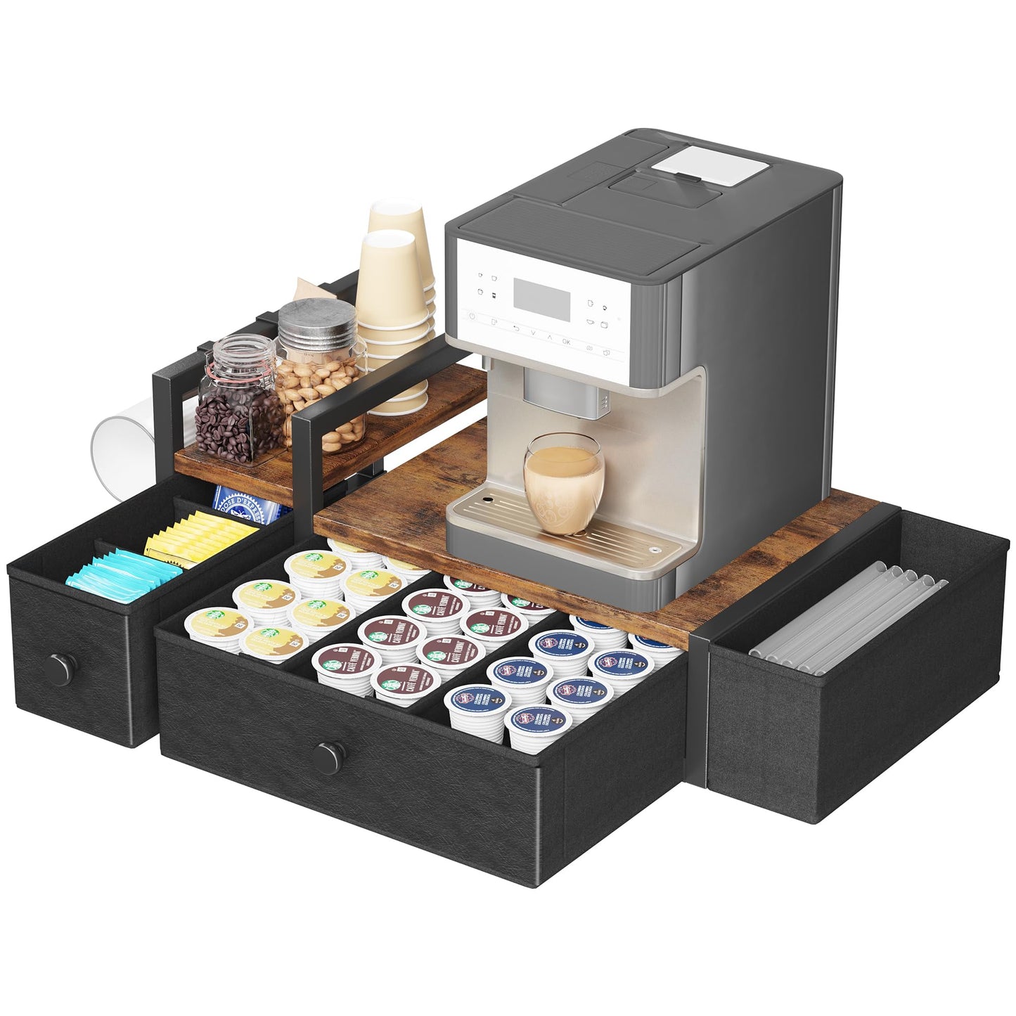 Homeiju Coffee Pod Drawers - K Cup Organizer, Nespresso Pods Holder with Mug Rack, Coffee Holder for Countertop, 52 Capacity Pods, Suitable for Kitchens, Offices and Coffee Bars(Brown)