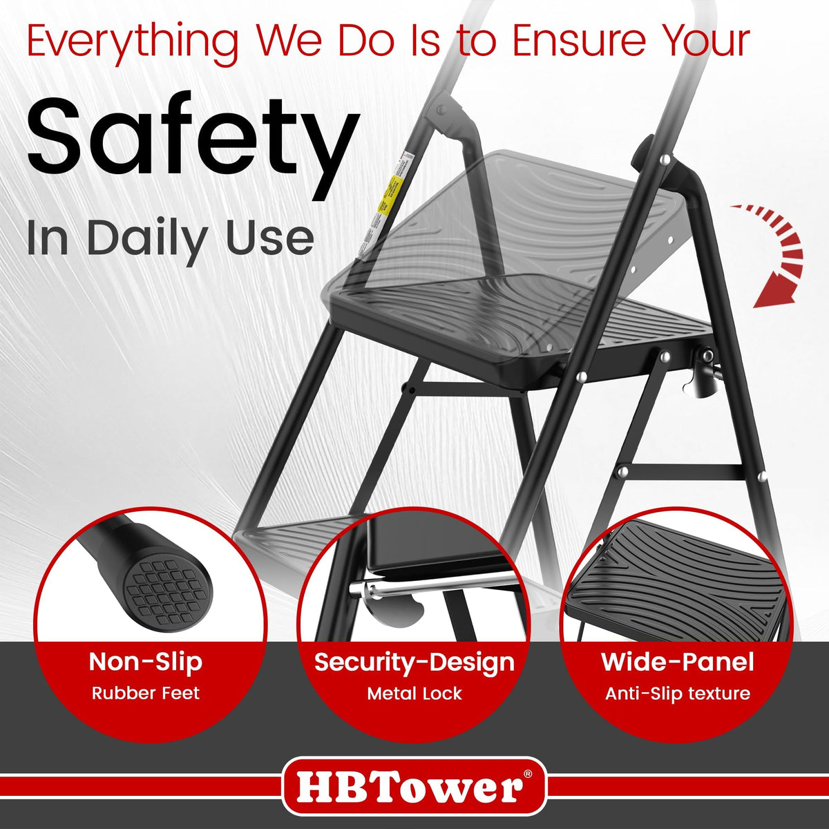 HBtower 2 Step Ladder, Step Stool with Wide Anti-Slip Pedal, Folding Step Stool with Convenient Handle for Home and Kitchen, Black