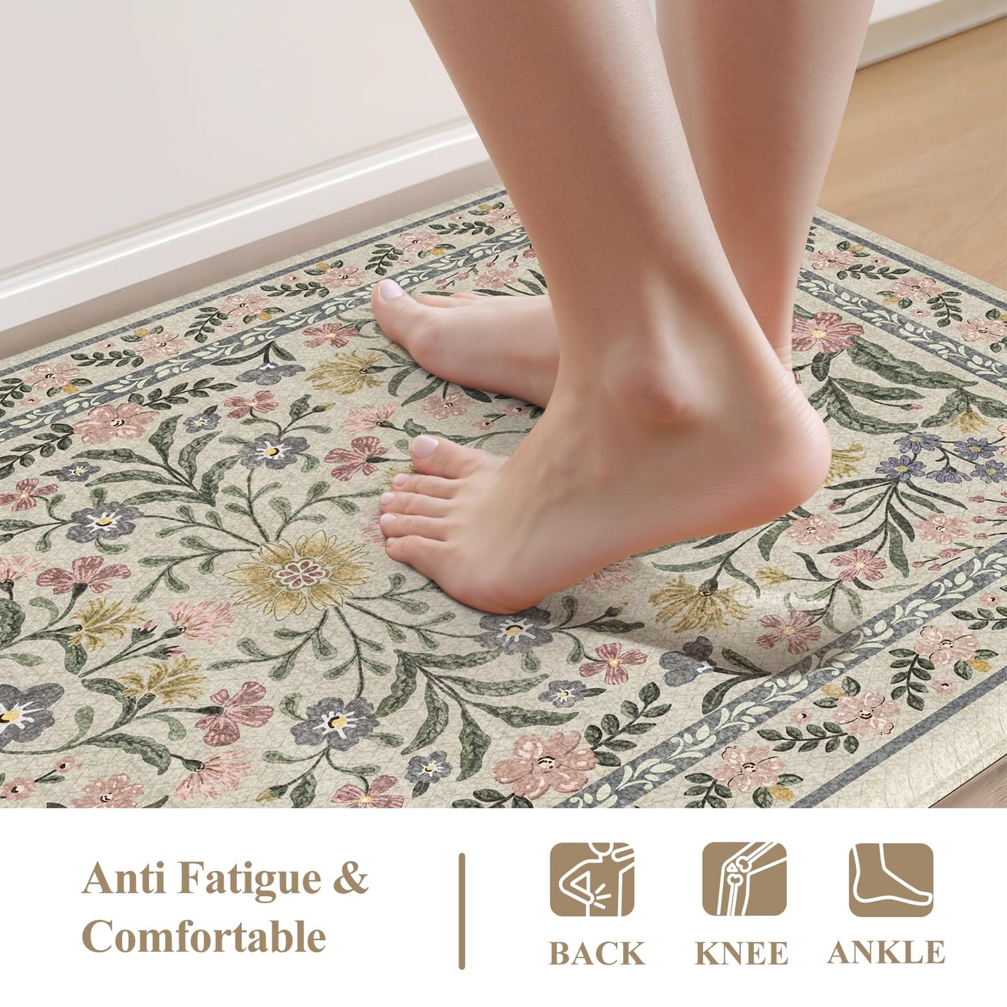 Collive Anti Fatigue Mat for Kitchen Floor, Spring Floral Kitchen Mats for Floor Set of 2, Beige Cushioned Waterproof Sink Rugs Non Slip Comfort Standing Rug for Office, Laundry, Desk