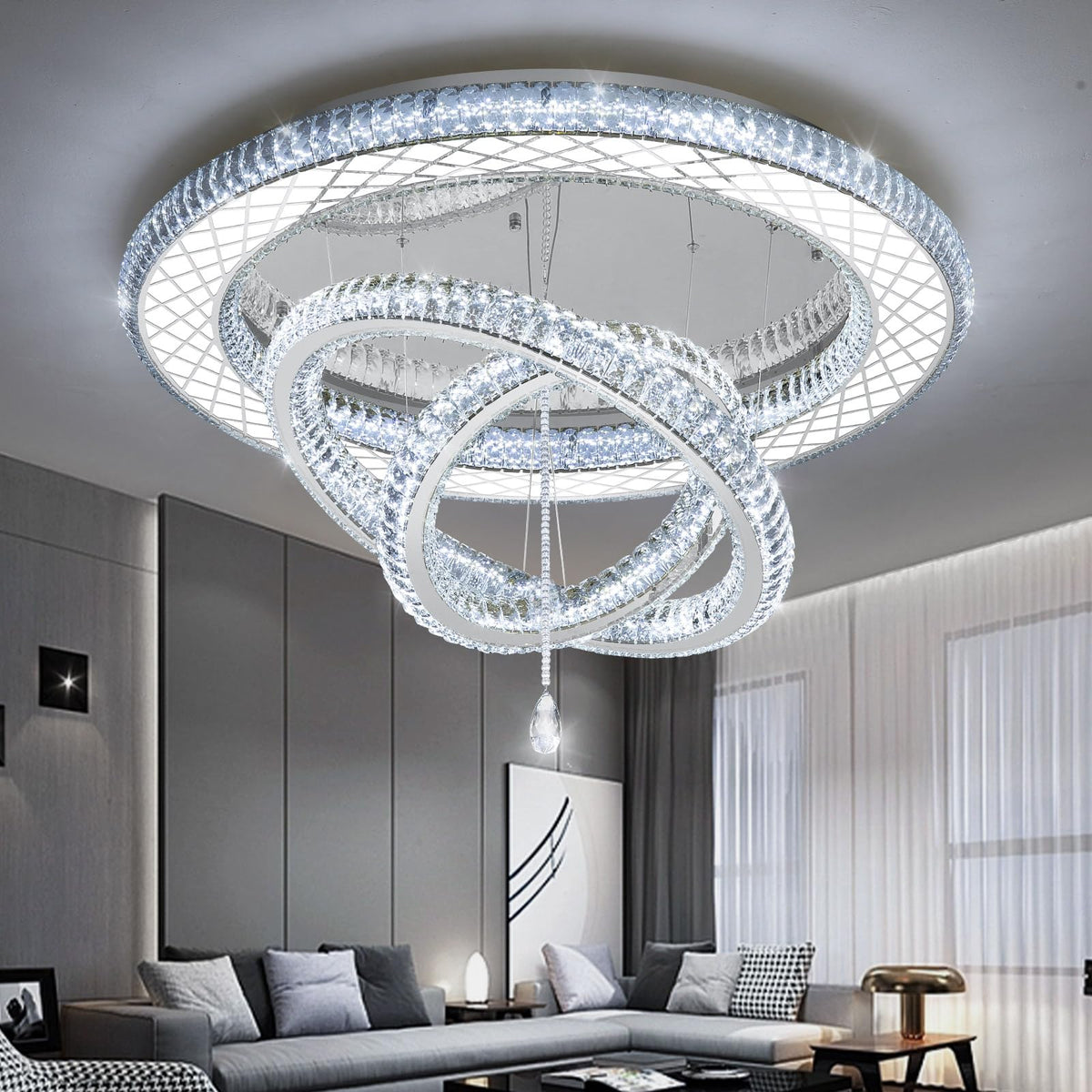 39.4" Modern Crystal Chandeliers Dimmable Lager Chandelier LED Flush Mount Ceiling Light High Ceiling Chandelier for Living Room Dining Room Bedroom Foyer Hallway Entryway Silver