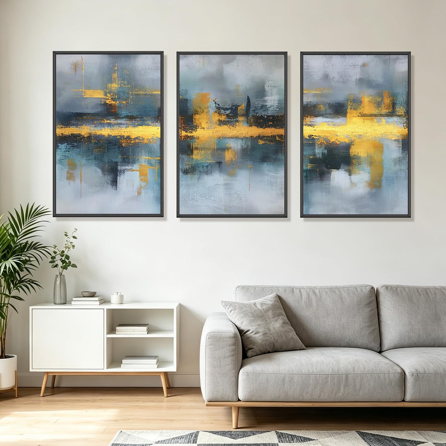Blue and Gold Abstract Wall Art Set of 3, Modern Framed Canvas Wall Art 16x24 Inch, Luxury Abstract Landscape Wall Painting for Living Room Bedroom Office, Metal Frame Ready to Hang