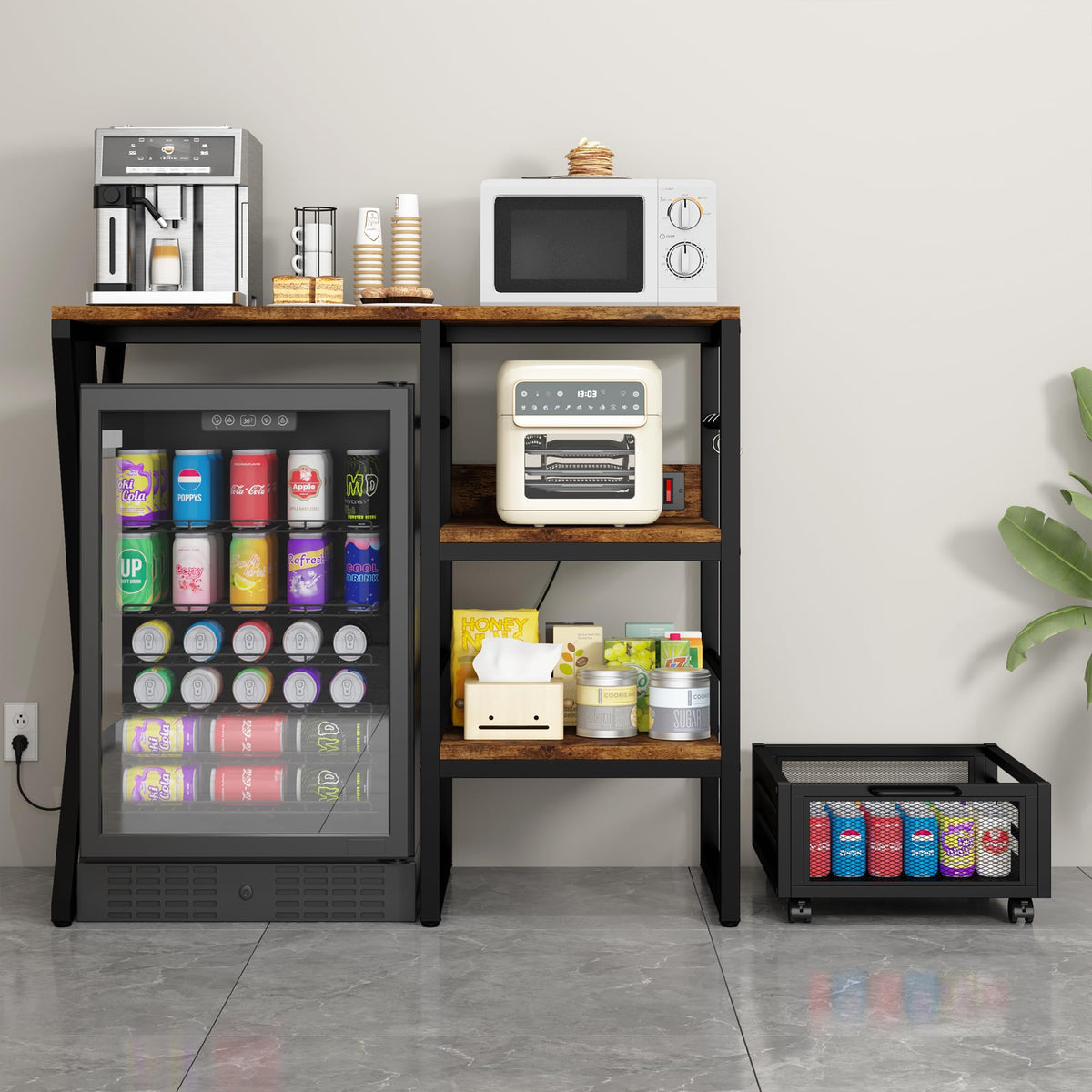 Beverage & Wine Fridge Stand with Movable Basket, Coffee Bar Cabinet with Mini Fridge Space and Power Outlet, Kitchen Storage Organizer with Worktop, Microwave Oven Stand Rack for Home, Dorm, Office