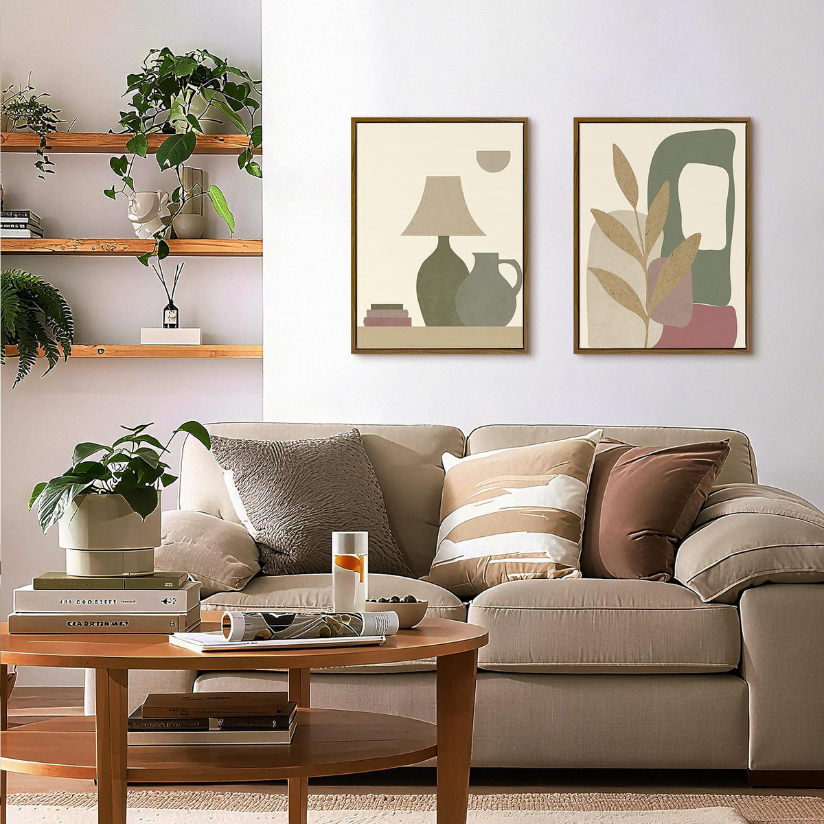 Framed Minimalist Botanical Wall Art, Set of 2 Neutral Boho Canvas Prints with Leaf and Geometric Motifs, Soft Earth Tone Artwork for Modern Farmhouse, Office, Dining Room Decor, 12x16 Inch