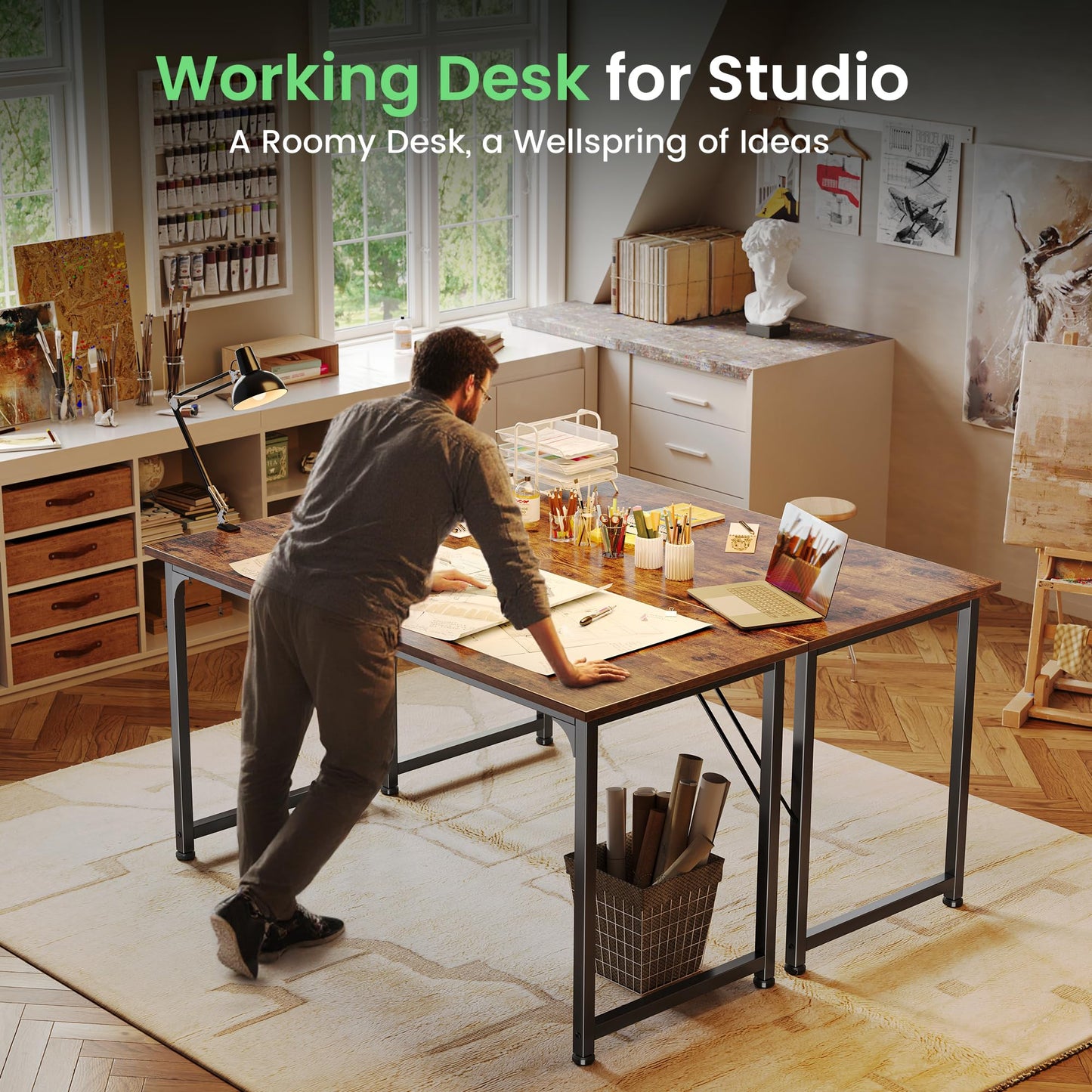 Huuger Computer Desk, 55 Inch Home Office Desk, Gaming Writing Work from Home Study Desk, Large Legroom, Sturdy Metal Frame, Modern Simple, Rustic Brown