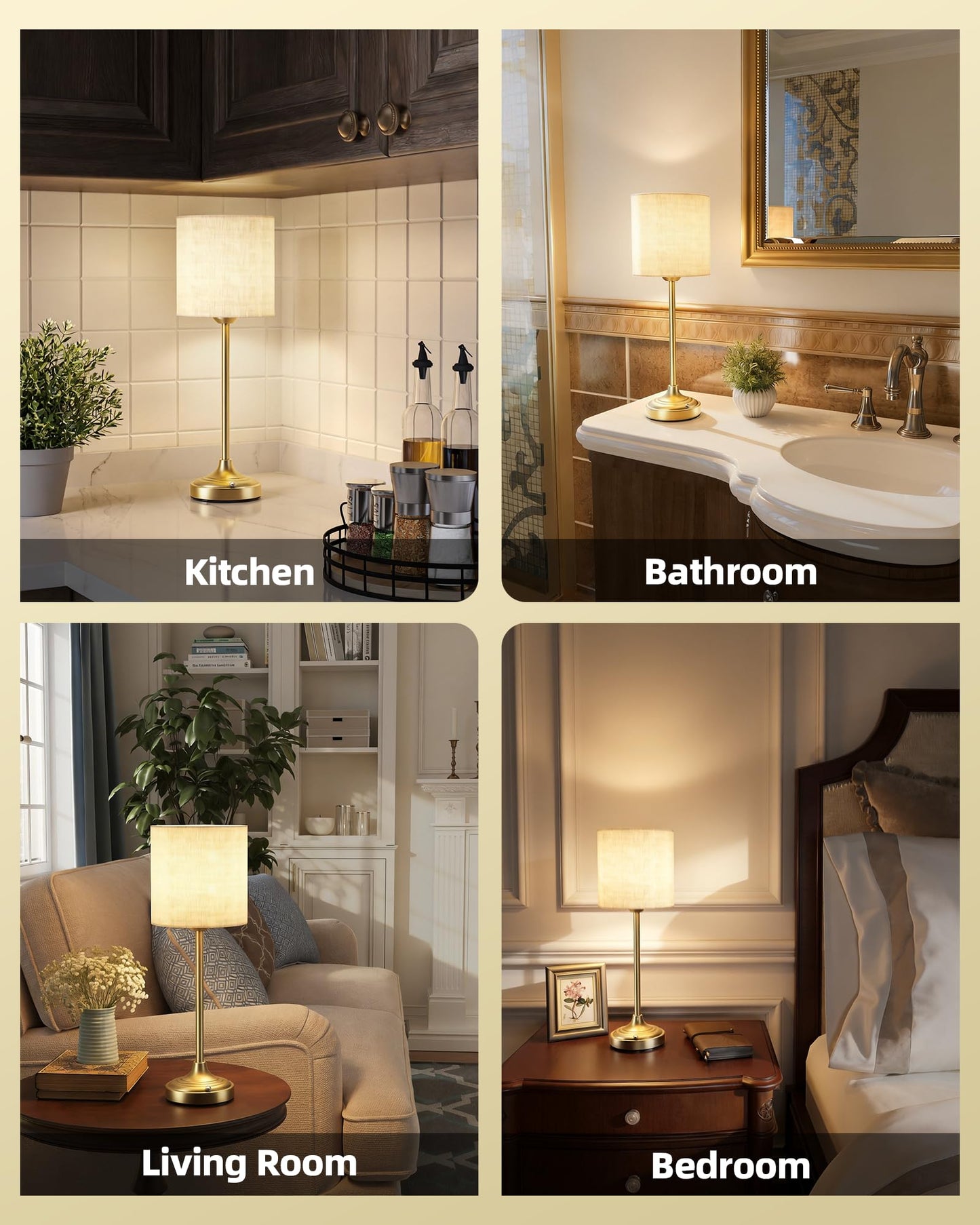 Cordless Table Lamp, 8000mAh, Dimmable, Ambient Light, 2700K, Touch Control, Portable, LED, Wireless, Rechargeable, Battery Operated, Desk Lamp, Kitchen Lamp, Fabric Shade, for Dining Room, Bedroom
