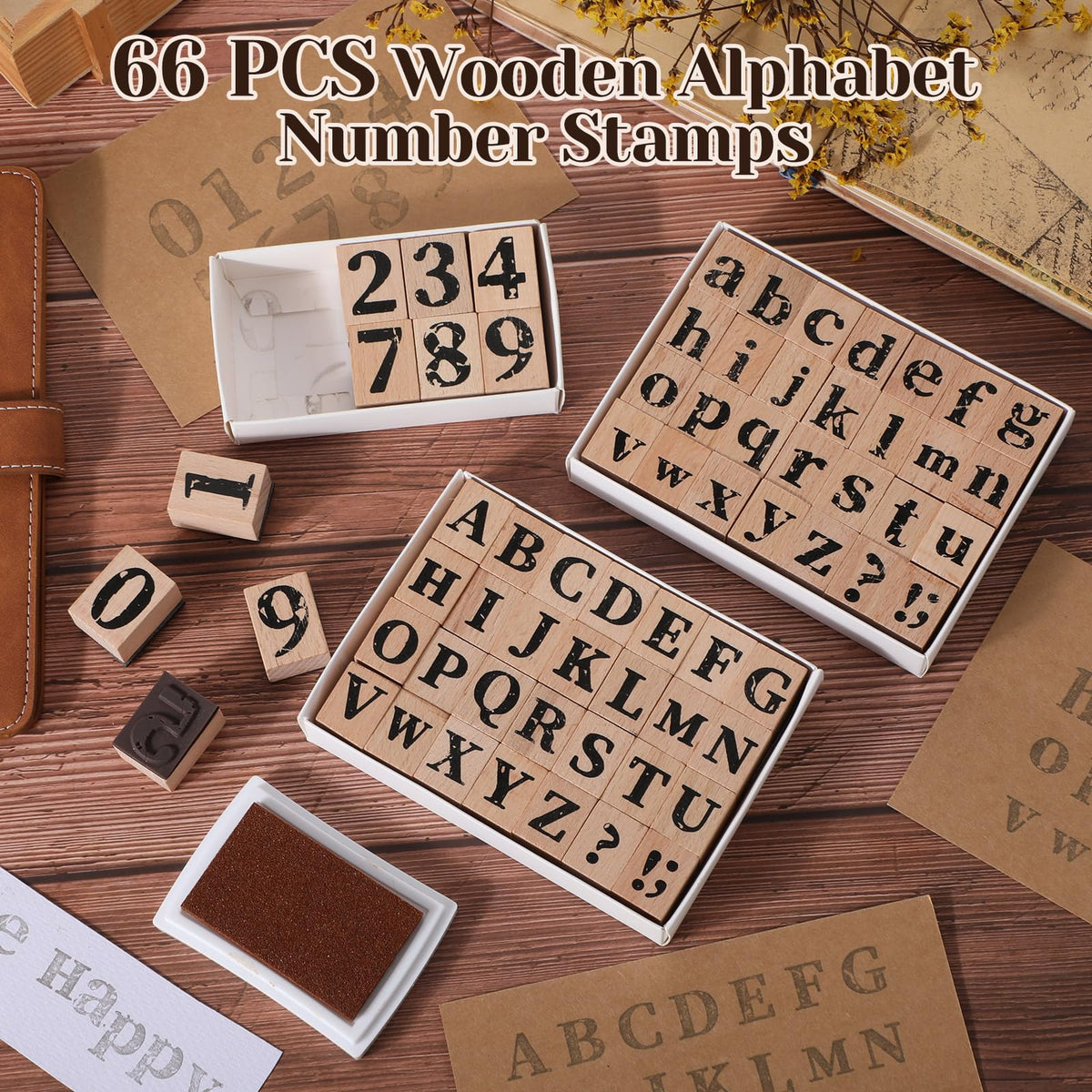 Marspark 66 Pcs Wooden Alphabet Number Stamps Small Letters Wooden Rubber Number Letter with Symbols for Rubber Stamps, DIY Projects, Arts and Crafts, Scrapbooking