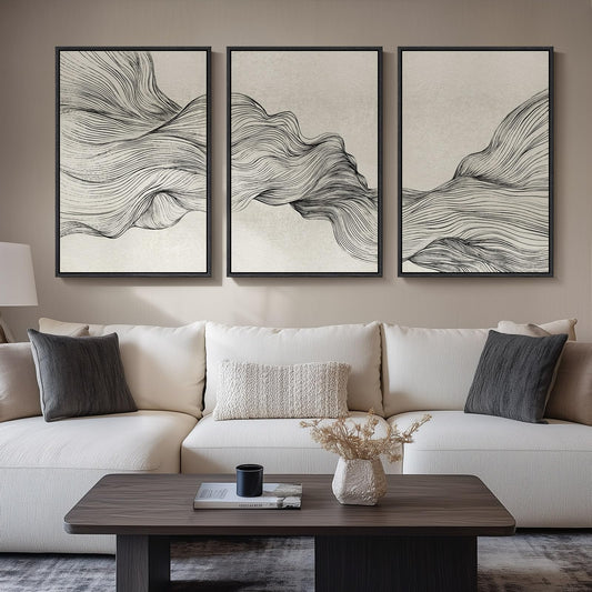 Large Framed Black and Beige Neutral Abstract Wall Art for Living Room, 3 Piece Modern Canvas Prints Paintings Artwork for Walls, Minimalist Lines Pictures for Hallway Stair Office Wall Decor 24x36 In