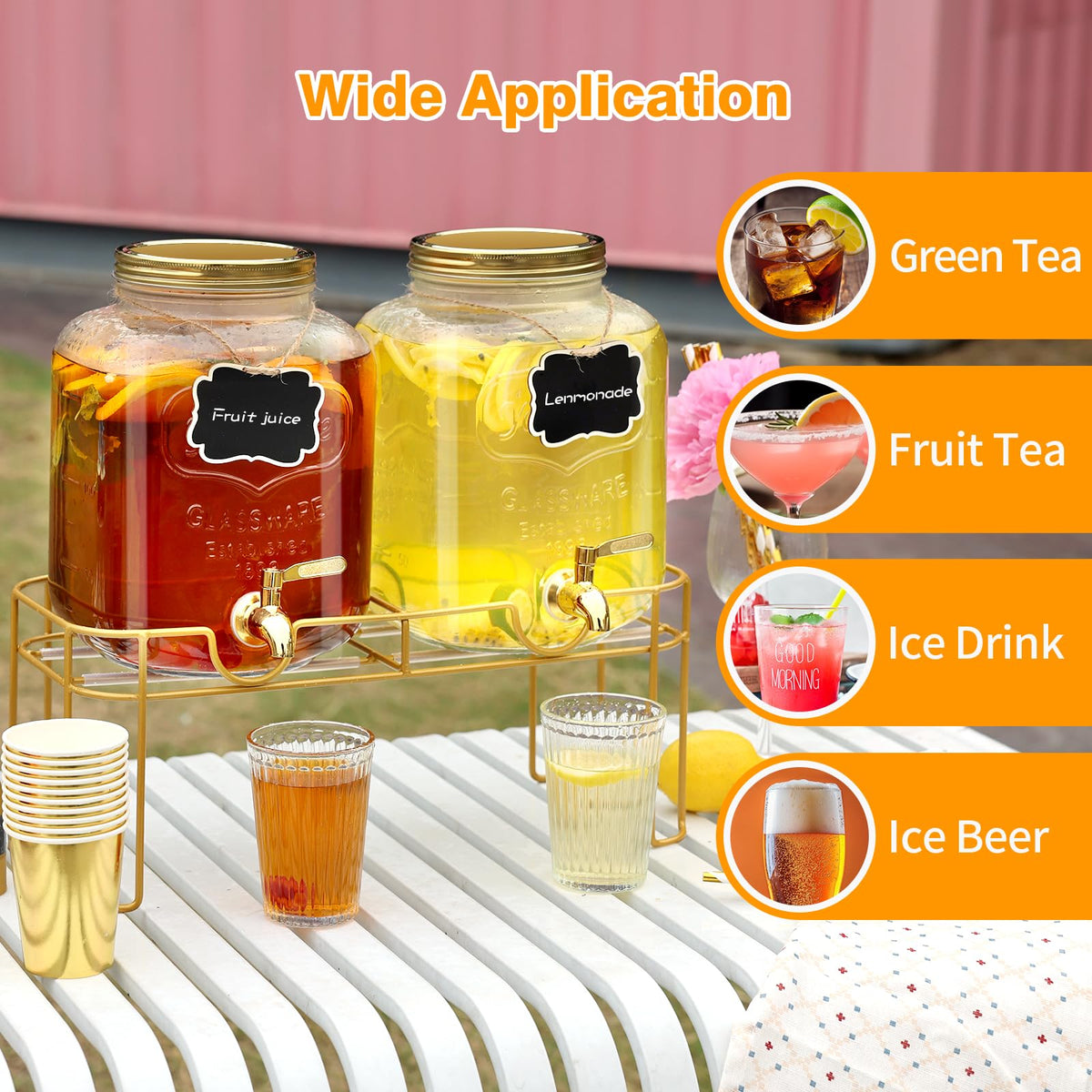 1.6 gallon Glass Beverage Dispenser with Stand, 2PACK Lemonade Dispenser with Spigot Stainless Steel, Drink Dispensers for Parties,Picnic,Weddings(Golden)