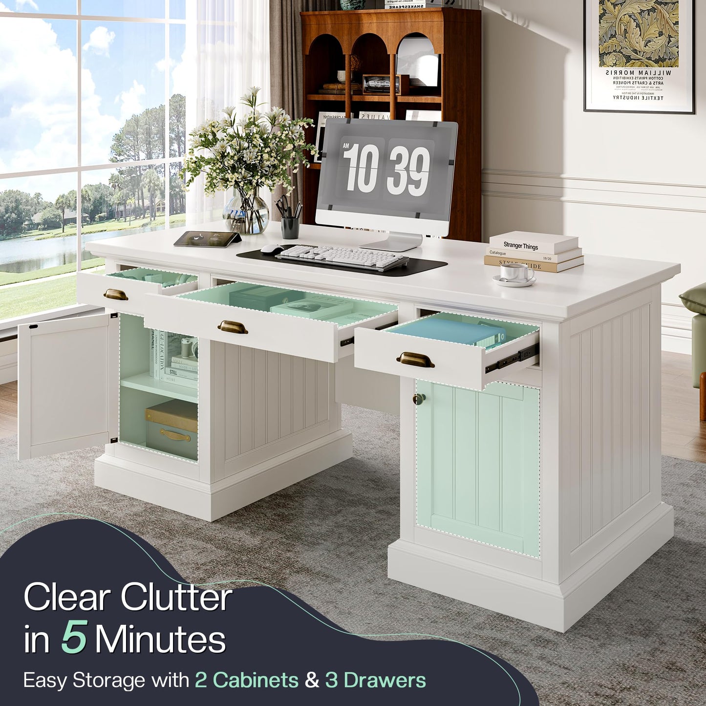 Jocisland 68" Executive Desk for Home Office & Study, Fluted Panel Computer Table with 3 Drawers and 2 Cabinets, Farmhouse Writing Desk – Pure White