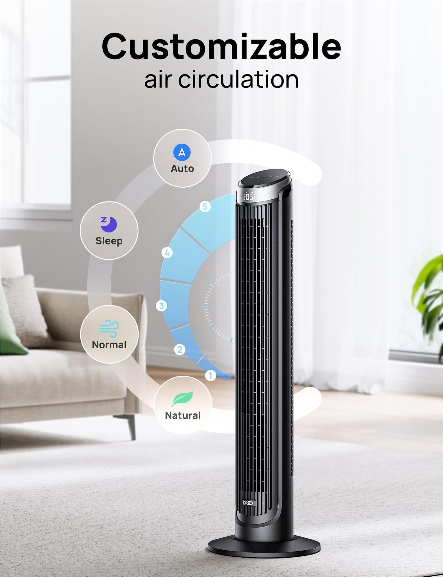 DREO Tower Fan for Bedroom, 90° Oscillating Fans that Blow Cold Air, 5 Speeds, 4 Modes with 26ft/s Velocity, 12H & 28dB Quiet Timer, Remote, Touch, 40" Standing Floor Fan for Home Office, Black
