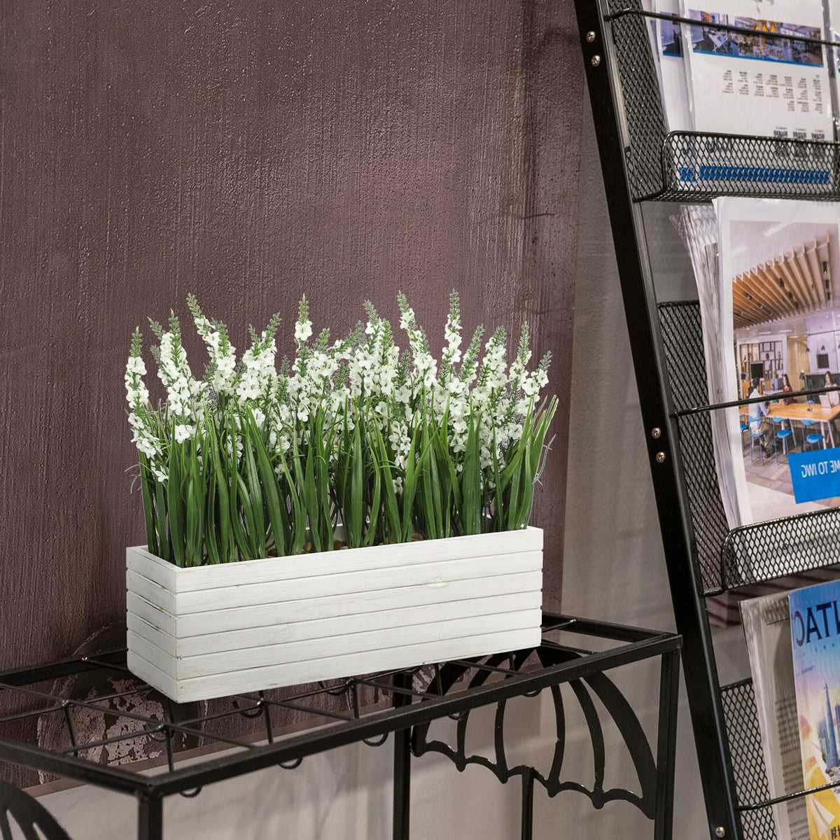14 Inch Artificial Lavender Flower Arrangement in Rustic Rectangular Wood Planter Box White Fake Lavender Flower Faux Potted Lavender Plants for Table Centerpiece Windowsill Shelf Home Decor Indoor