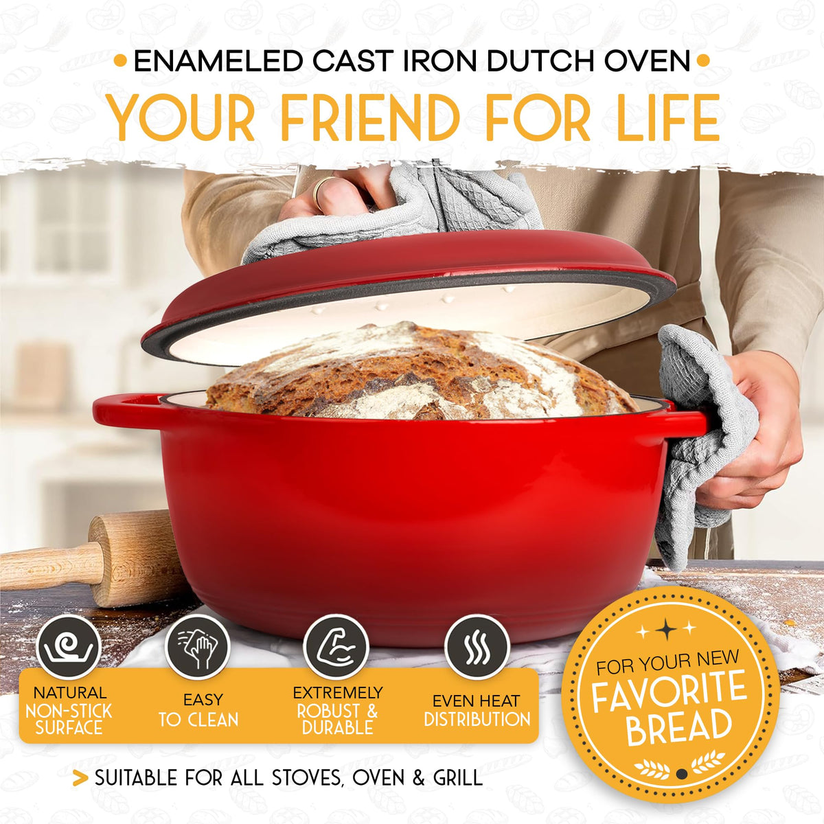 Crovora 6 QT Enameled Cast Iron Dutch Oven for Bread Baking with Lid - Incl. Sourdough Bread Baking Supplies like Banneton Bread Proofing Basket, Cast Iron Bread Oven, Bread Pan, bread making tools