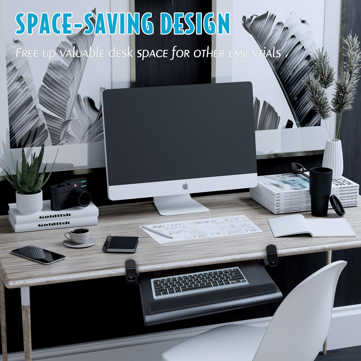 EHO Large Ergonomic C-Clamp Keyboard Tray Mount Under Desk with Wrist Rest, Slide-Out Platform 27.5" (31.8" Including Clamps) x 12.5", Pull Out Keyboard & Mouse Tray for Home or Office, Black