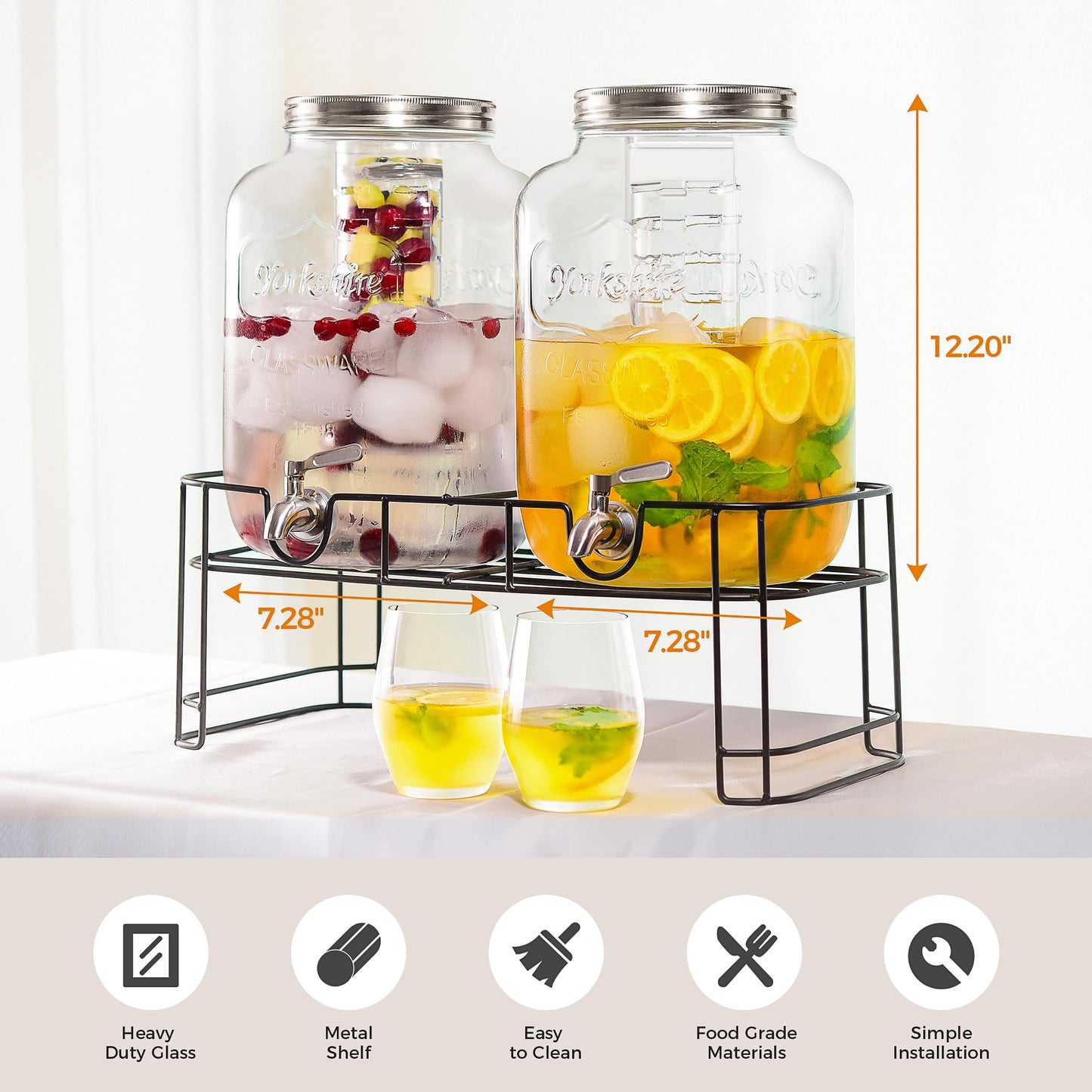 UINEAT 2 Gallon 2 PACK Glass Beverage Drink Dispensers Metal Stand and Lid,100% Leakproof Stainless Steel Spigot, Glass Water Jug Dispenser Lemonade Dispenser