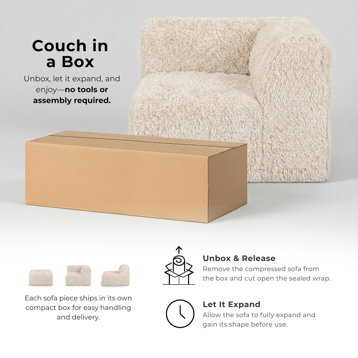 Furniture of America Havyn Modern Faux Fur 1-Seater Modular Armless Foam Sofa Chair with Deep Seat, Compressed Couch in a Box, No Assembly Required, for Living Room and Office, Black