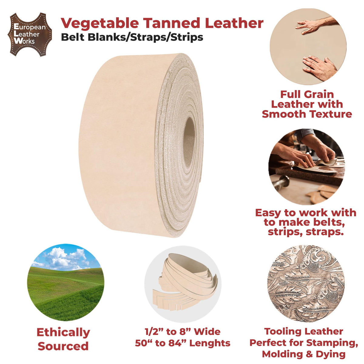 ELW Leather Strap, 13-15 Oz, 1.5 inch Wide x 50", Cowhide Veg Tan Leather Belt Blank, Leather Strips, Tooling Leather, Tan Straps for Crafts, Belt Making & Crafting Blank Hide