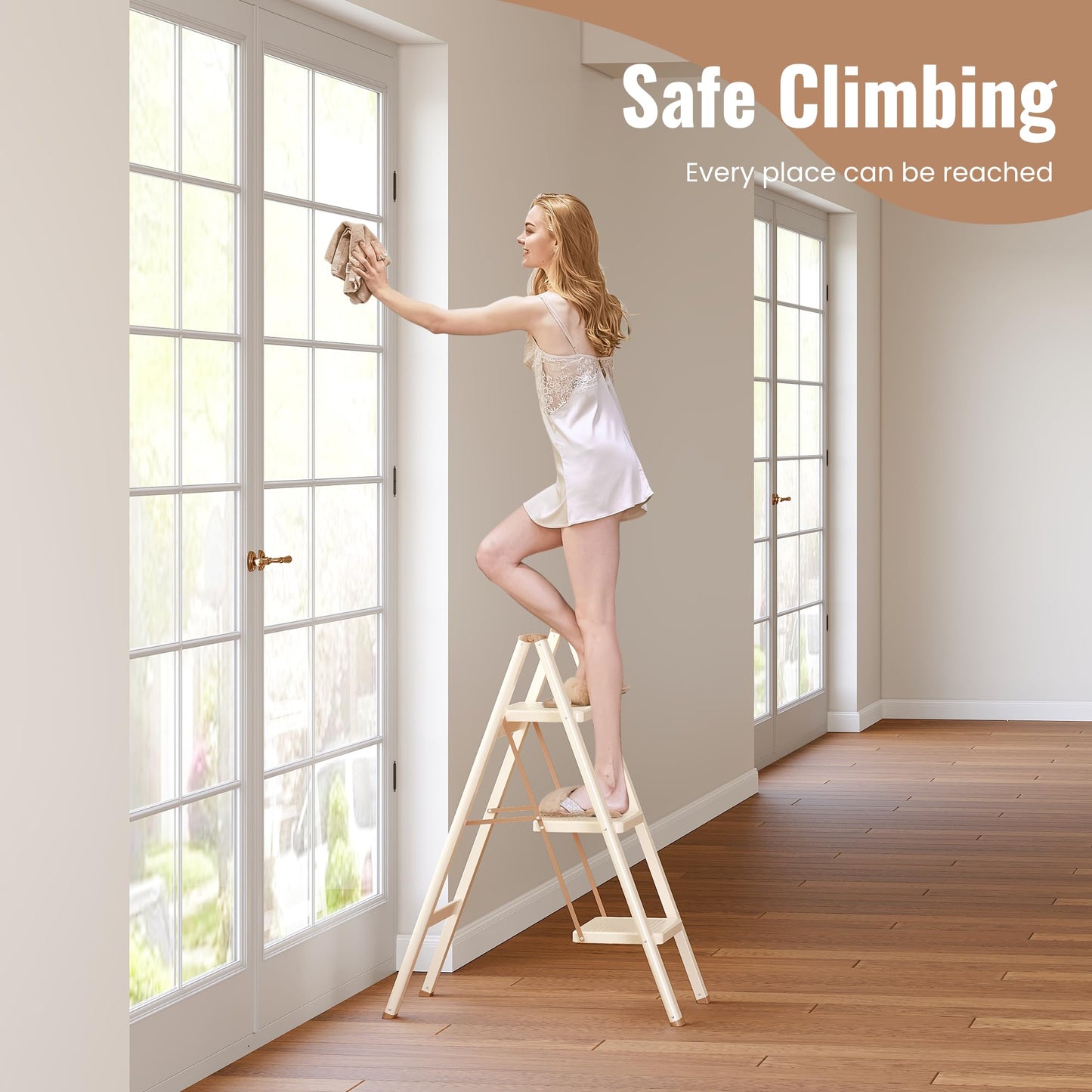 GameGem 3 Step Ladder, 3 Step Stool for Adults, Folding Step Ladder with Secure Footing, Widened Pedal, Aesthetically Pleasing Looking, Blends Right into Domestic Rooms, Cream Chocolate