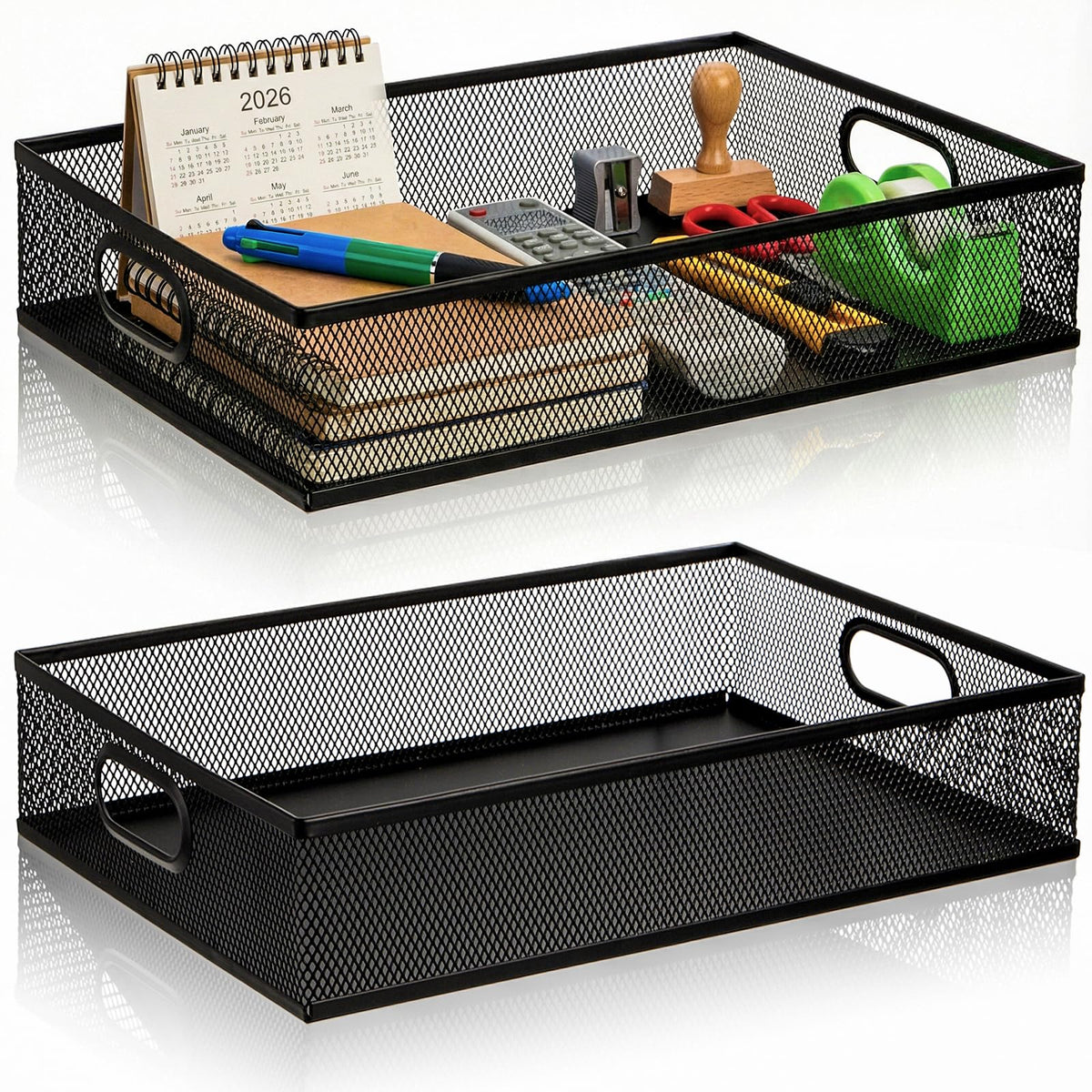 Elsjoy 2 Pack Desk Drawer Organizer Tray, Metal Mesh Desktop Storage Tray Office File Organizer with Handle, Portable Large Storage Basket for Office Supplies, Craft, Magazine, Paper