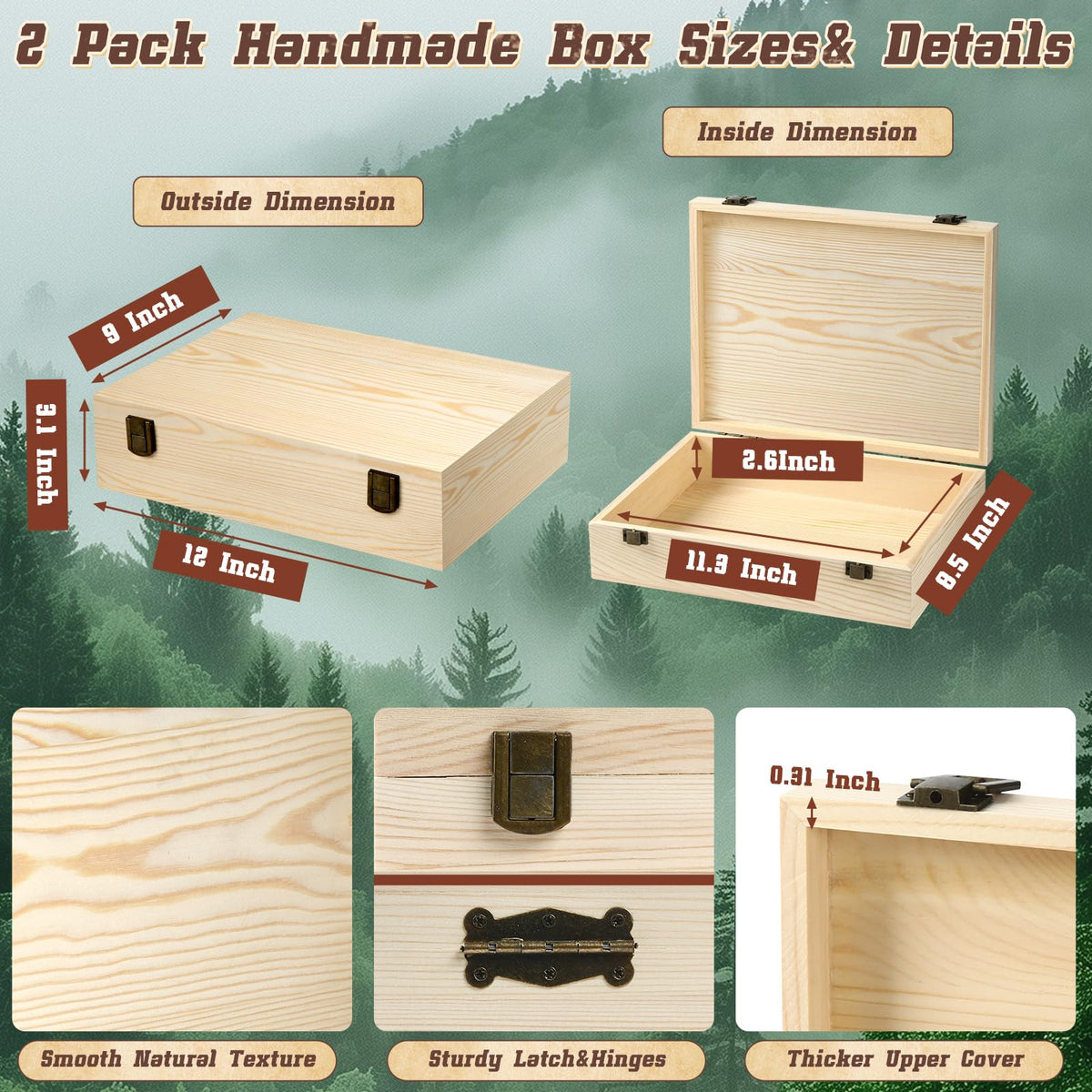 HIPNOOK 2 Pack Unfinished Wooden Box with Lid – 12"x9"x3.1" Decorative Storage Keepsake Memory Boxes Natural Pine Wooden Boxes for Crafts, DIY, Painting, Wood Burning,Wood Gift Box- Ideal Gift & Home