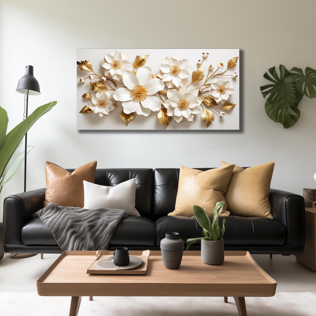 JuhaiArt Gold Wall Decor White 3D Floral Wall Art Elegant Flower Canvas Decor for Bedroom Living Room Office Picture Artwork 24" x 48"