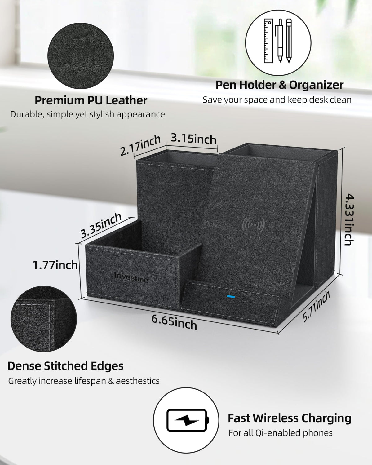 Investme Wireless Charger with Desk Organizer, Pen Pencil Holder, Multifunctional Desktop Organizer, Office Supplies and Desk Accessories Organizer with 3 Compartments and 1 Phone Stand, PU Black