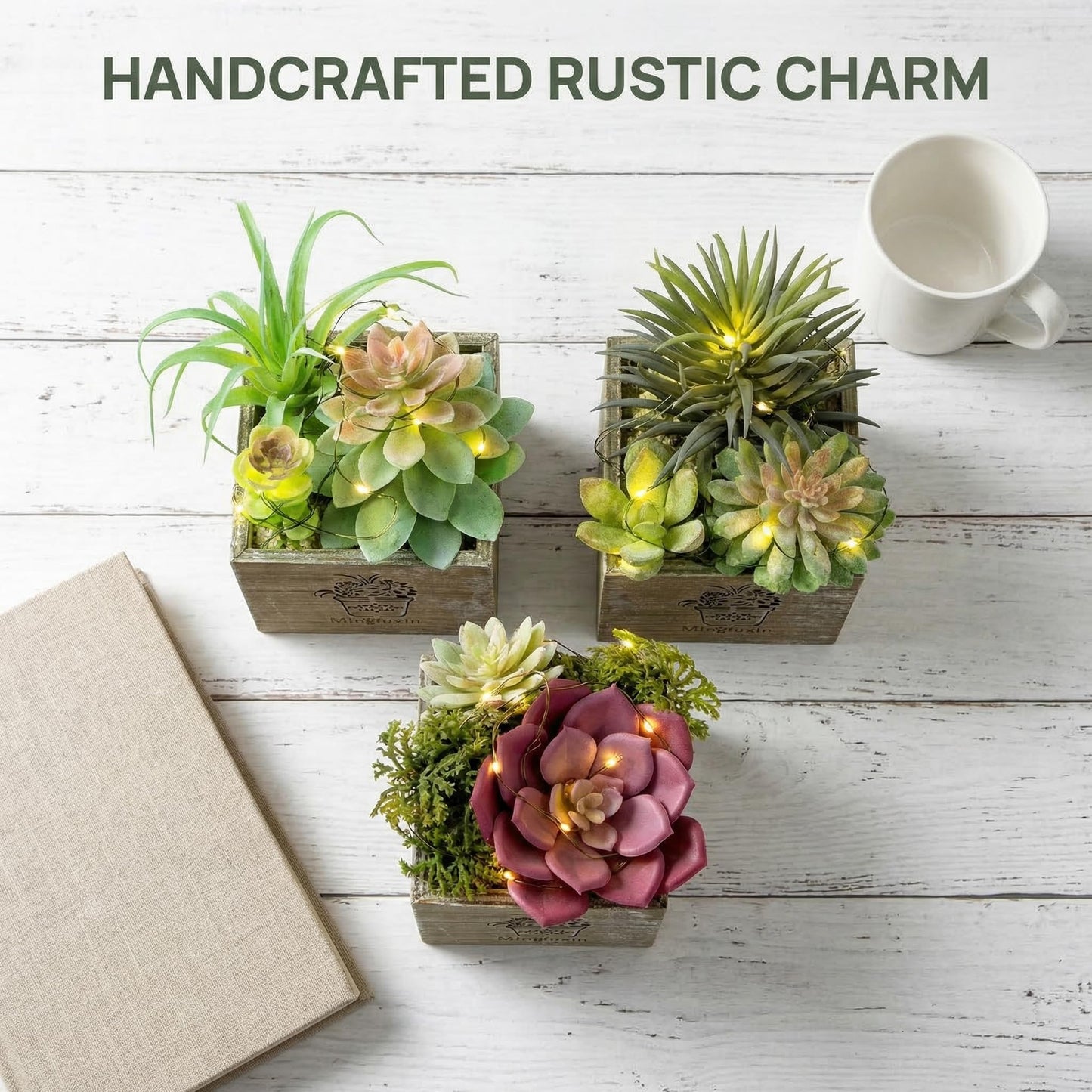 Mingfuxin Small Fake Plants, 3 Packs Mini Succulent Plants Artificial with Led Lights for Indoor Bathroom Bedroom Desk Office Decor